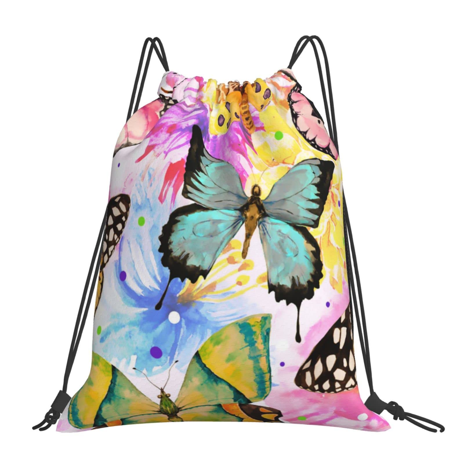 Richugui Unisex Color5 Drawstring Backpack Watercolor Butterfly Drawstring Bags Sports Gym String Bag For Women Men Backpacks Training Yoga Bags