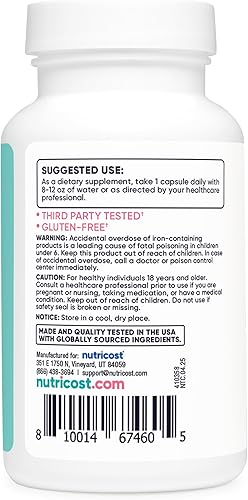Miniatura 4 de Nutricost Hierro para mujeres de 65 mg, 180 cápsulas, con vitamina C, ácido fólico y vitamina B12, apto para vegetarianos, sin OMG, sin gluten