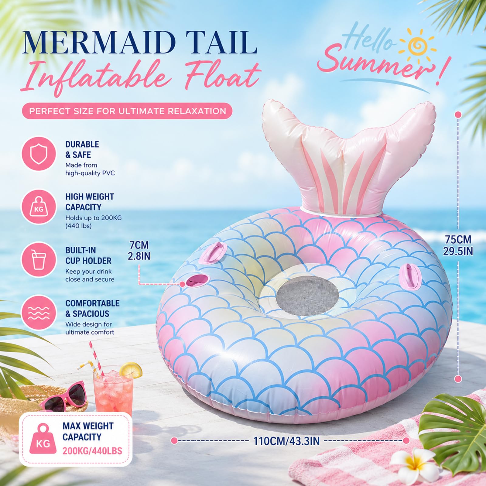 ZoneYan Grande Hamaca Flotante,125 * 80cm, Hinchable Colchoneta Piscina Respaldo,Inflables Flotante Colchoneta, Adulto Flotador Piscina, Piscinas Hamaca Portavaso, Piscinas Flotadores Inflables