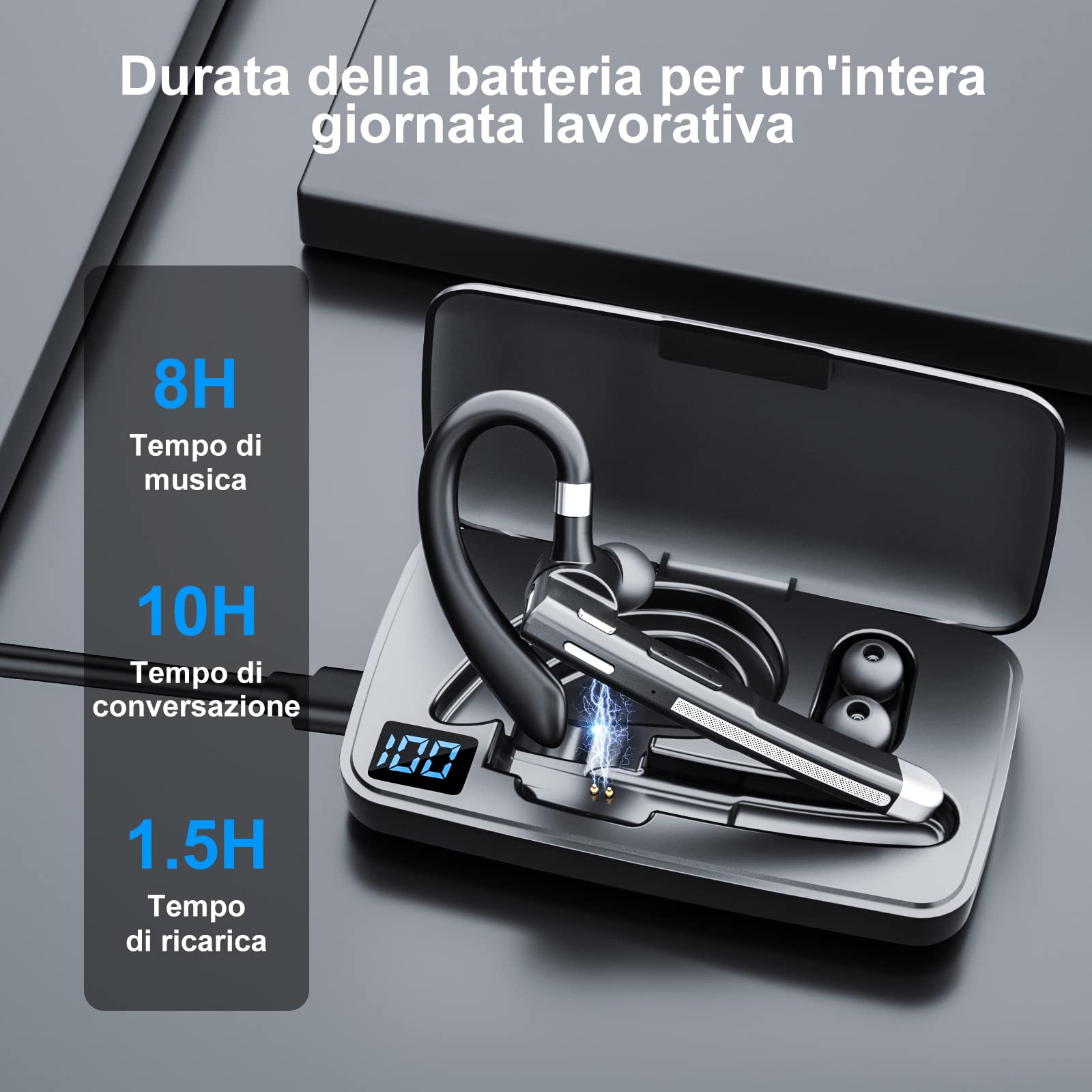 Auricolare Bluetooth Mono - 72h Autonomia, Doppio Microfono CVC8.0, Aggancio Auricolare, Ricarica USB-C - Foto 4