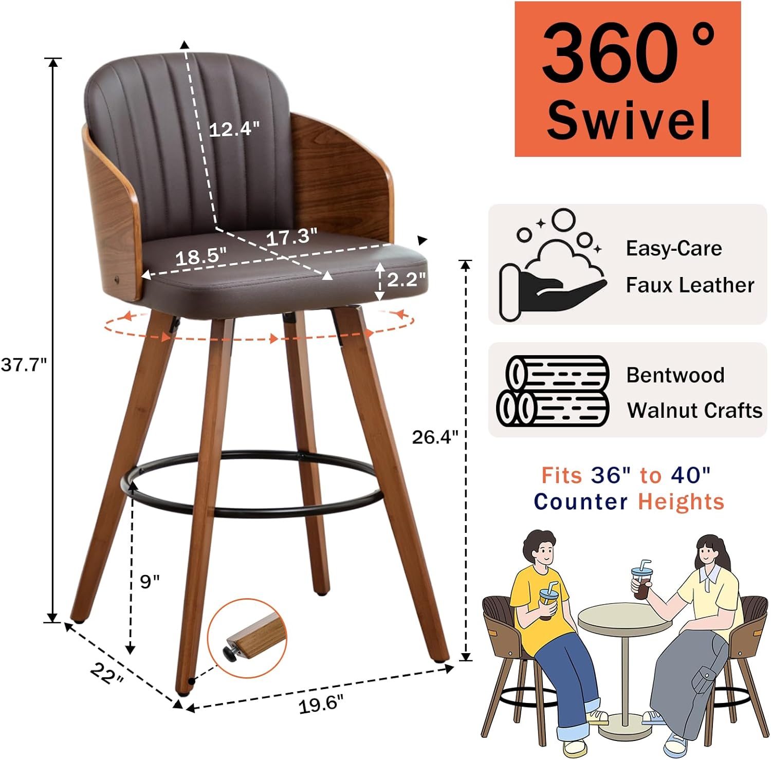 Set of 2 Swivel Counter Stools - 26.4 inch Mid Century CounterStools with Walnut Bentwood, Curved Back and Arms, Upholstered Seat, Kitchen Island Stools for Kitchen/Island/Pub(26" Seat Height, BROWN)