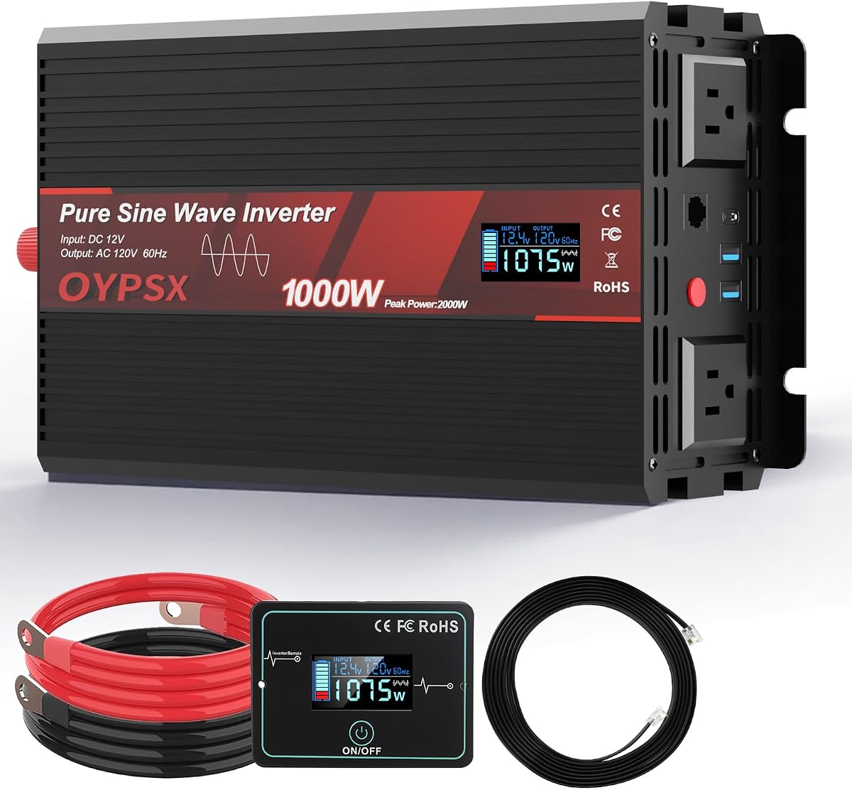 1000W Power Inverter 12V to 110V 120V AC Pure Sine Wave Inverter for RV Truck Camping,Outdoor Off-Grid Power Converter with LCD Display,Wired Controller,AC Outlets USB Ports (12V-1000Watt)