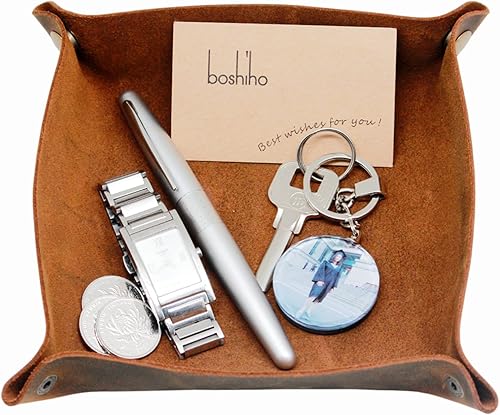 boshiho Bandeja de valet para hombres, joyería de cuero, caja de monedas, caja de cambio, caja de almacenamiento de mesita de noche (cuero de