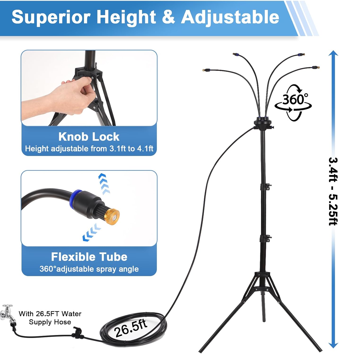 Misters for Outside Patio, Adjustable 5.25FT Standing Mister with 26.5FT Water Supply Line, Portable Outdoor Misters for Cooling Patio, Backyard, Garden, Pool & BBQ, Water Play & Tanning