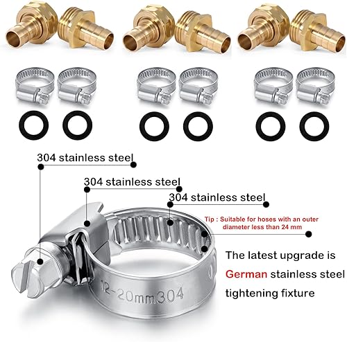 Miniatura 2 de Conector de reparación de manguera de latón macizo para jardín con abrazaderas, apto para manguera de jardín, accesorios de manguera macho y hembra,