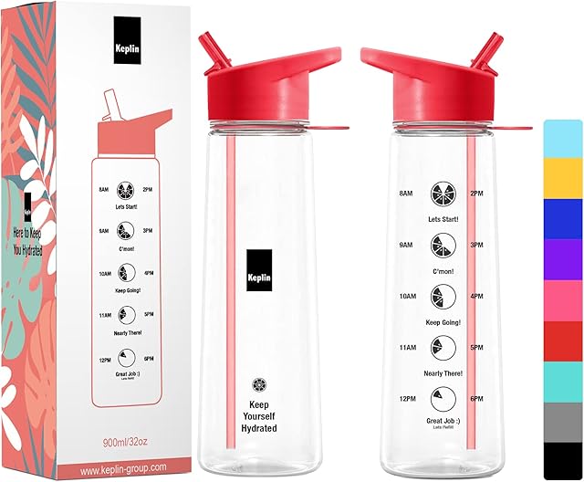 KEPLIN Premium 900ml Water bottle with Straw | BPA-Free, Daily Water Intake Bottle with Time Markings | Leakproof Sports Water Bottle, Ideal for Gym, Office, Cycling & Running (Red)