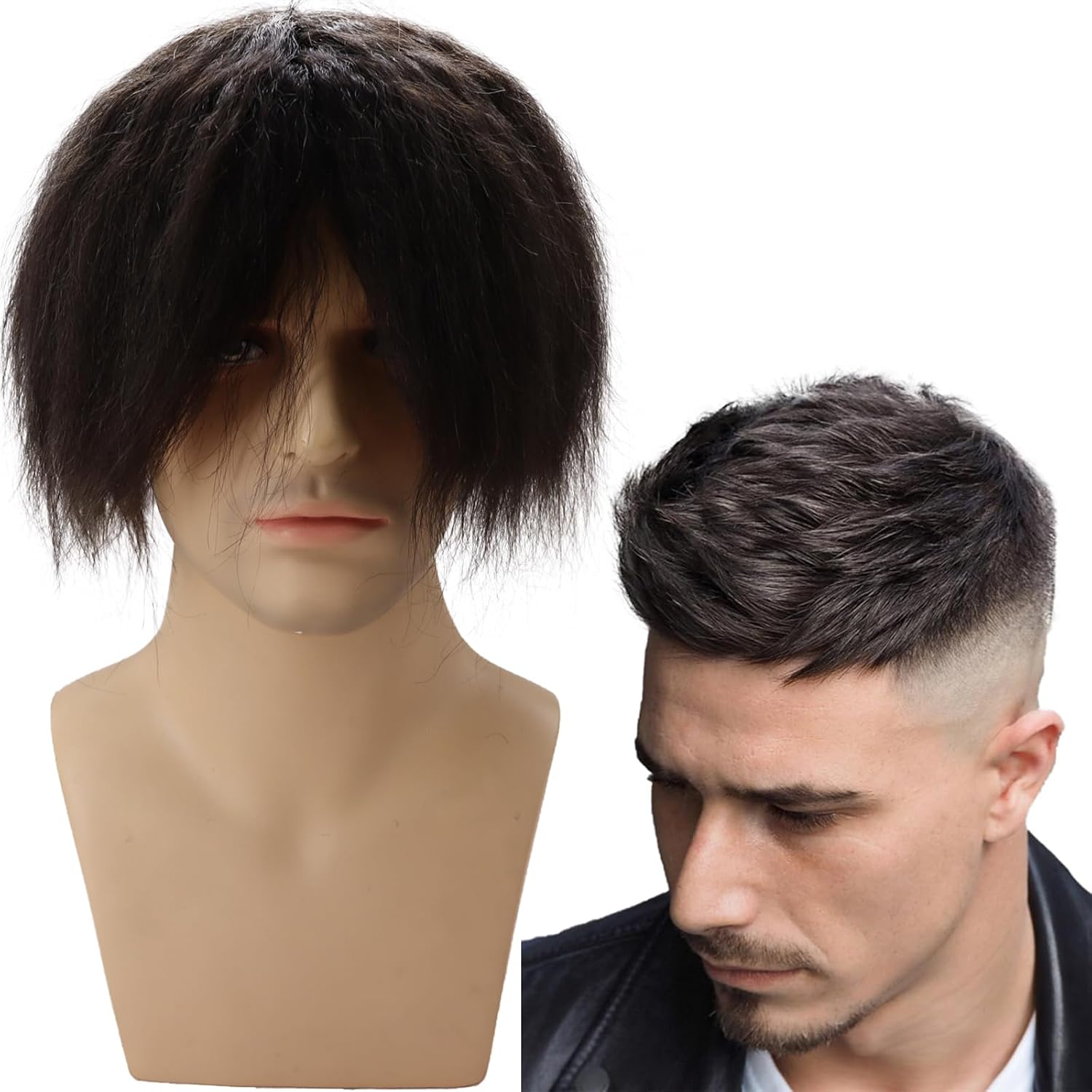 Men's Toupee Real Human Hair Toupee for Men Kinky Straight Hair Piece Full PU Poly Skin Undetectable Hair Replacement System for Thinning Hair 6inch (#60R White Color)