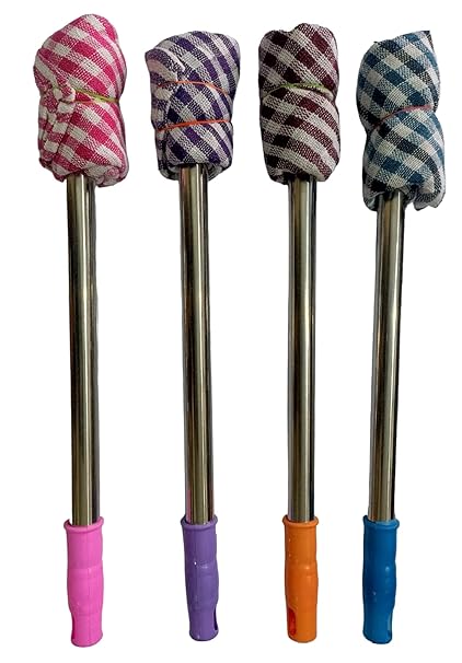Dusting Cloth with Stainless Steel Handle, Cotton Cleaning Cloth Stick for Home Office Furniture with Removable Dry Cleaning Duster Cloth (Multicolor, Pack of 4)