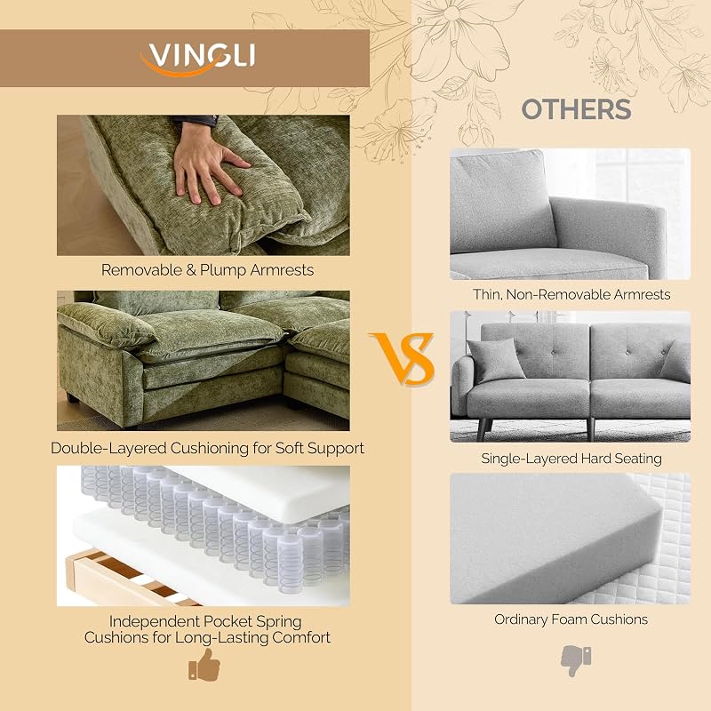 VINGLI 87" Convertible Sectional Sofa,L-Shaped Deep Seat Sofa Couch for Living Room,Modern 2-Seat Loveseat Sofa with Ottoman for Small Space(Olive Green) image 5