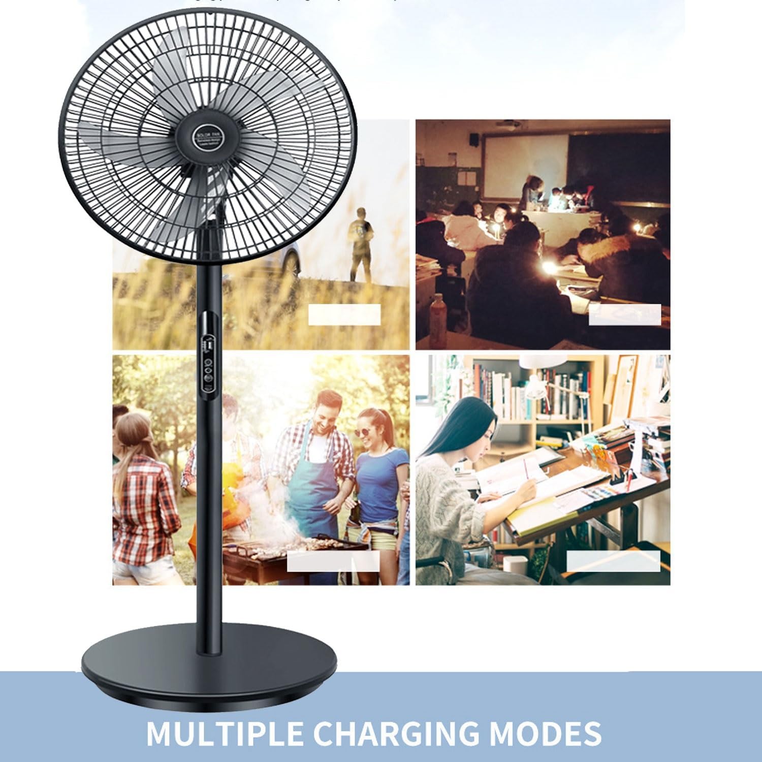 Portable Solar Floor Fan with Remote Control, Rechargeable Oscillating Standing Pedestal Fan with Solar Panel, Black/White 3 Speeds for Home Office Outdoor(Black,15000 mAh)