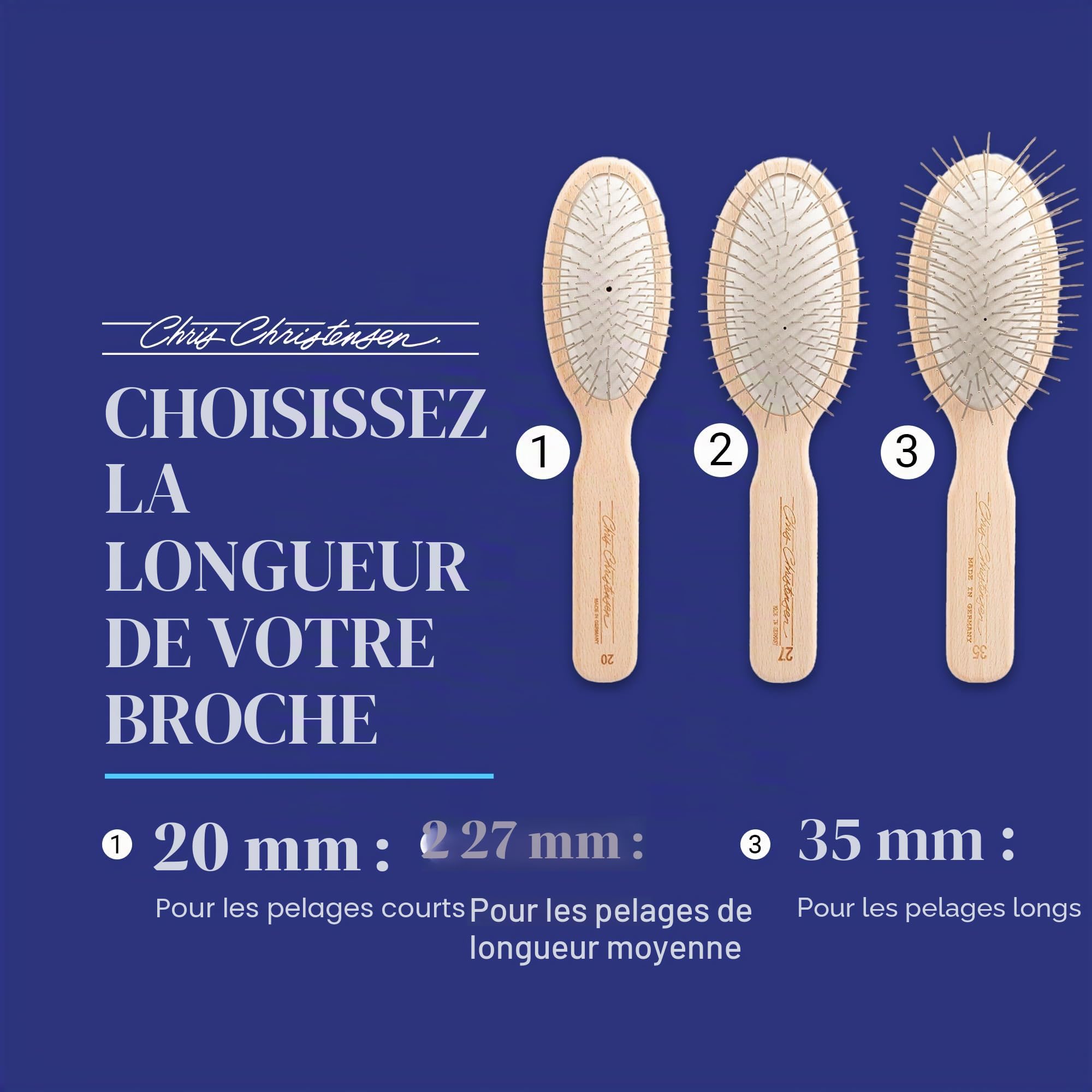 Chris Christensen Brosse pour chien ovale de 27 mm - Série originale - Groom Like a Professional - Broches en acier inoxydable - Corps en bois de hêtre léger - Pointes polies et polies