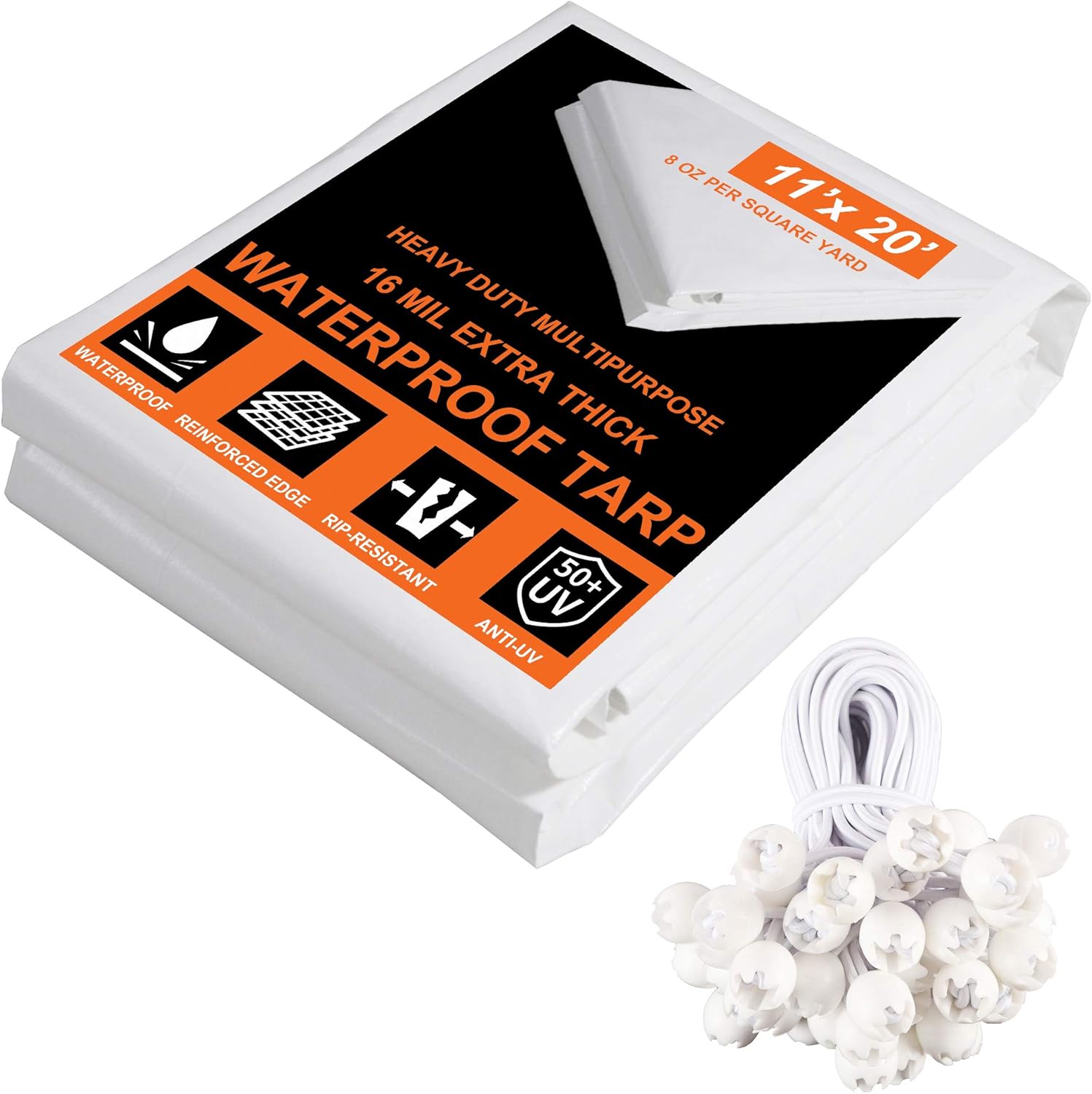 Heavy Duty Tarp 11x20 Ft Tarpaulin with 48 Free Ball Bungee Cords 8 Oz Per Square Yard Sunshades Depot 18 Mil Thick Cover Waterproof Canopy Tent Multi-Purpose Shelter with Grommets