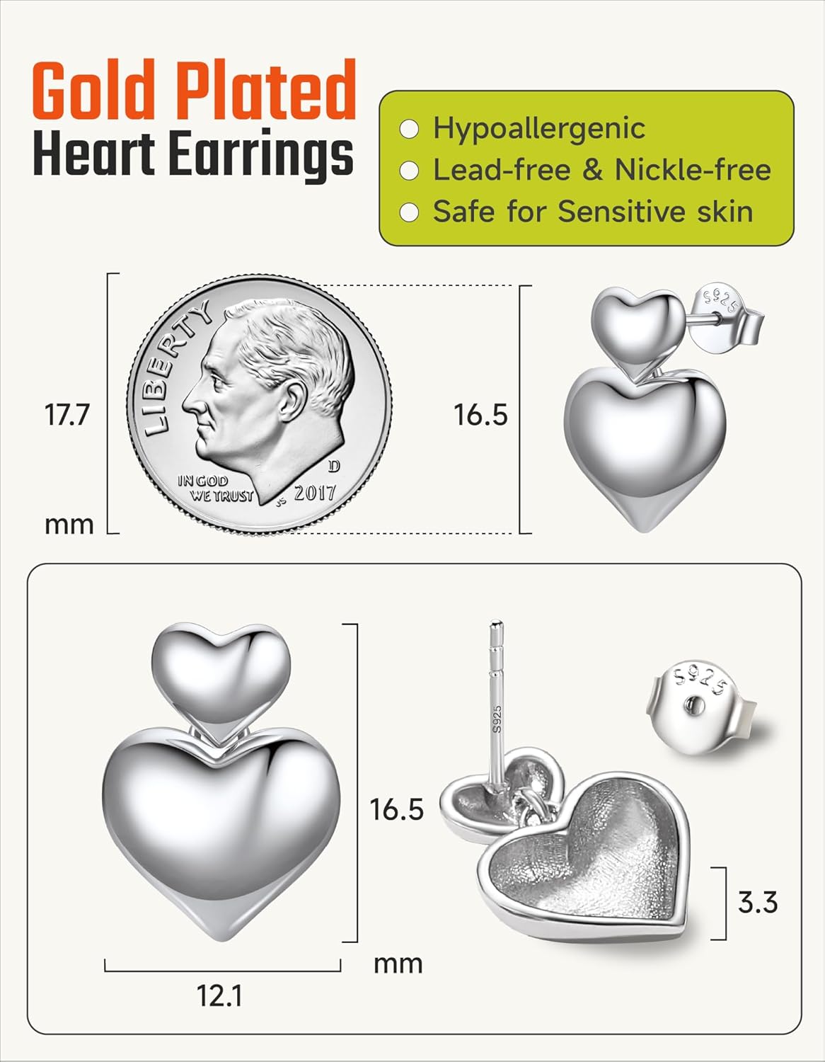 14K Gold Plated Heart Studs 925 Sterling Silver Posts Backs Gold Earrings for Women Hypoallergenic Lightweight Heart Dangle Jewelry for Daily Birthday Gifts(White/14K Gold/Black) - Image 8