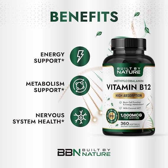Built by Nature Vitamin B12 1000 mcg Methylcobalamin Softgels, 360 Count Extra Strength, Fast Dissolve, Energy Metabolism & Nervous System Health, Non GMO, 1 Year Supply