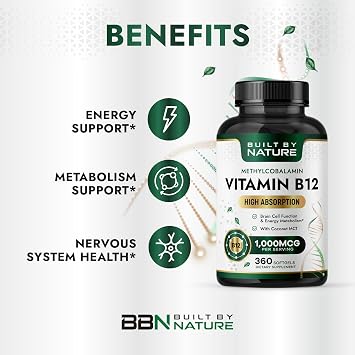Built by Nature Vitamin B12 1000 mcg Methylcobalamin Softgels, 360 Count Extra Strength, Fast Dissolve, Energy Metabolism & Nervous System Health, Non GMO, 1 Year Supply