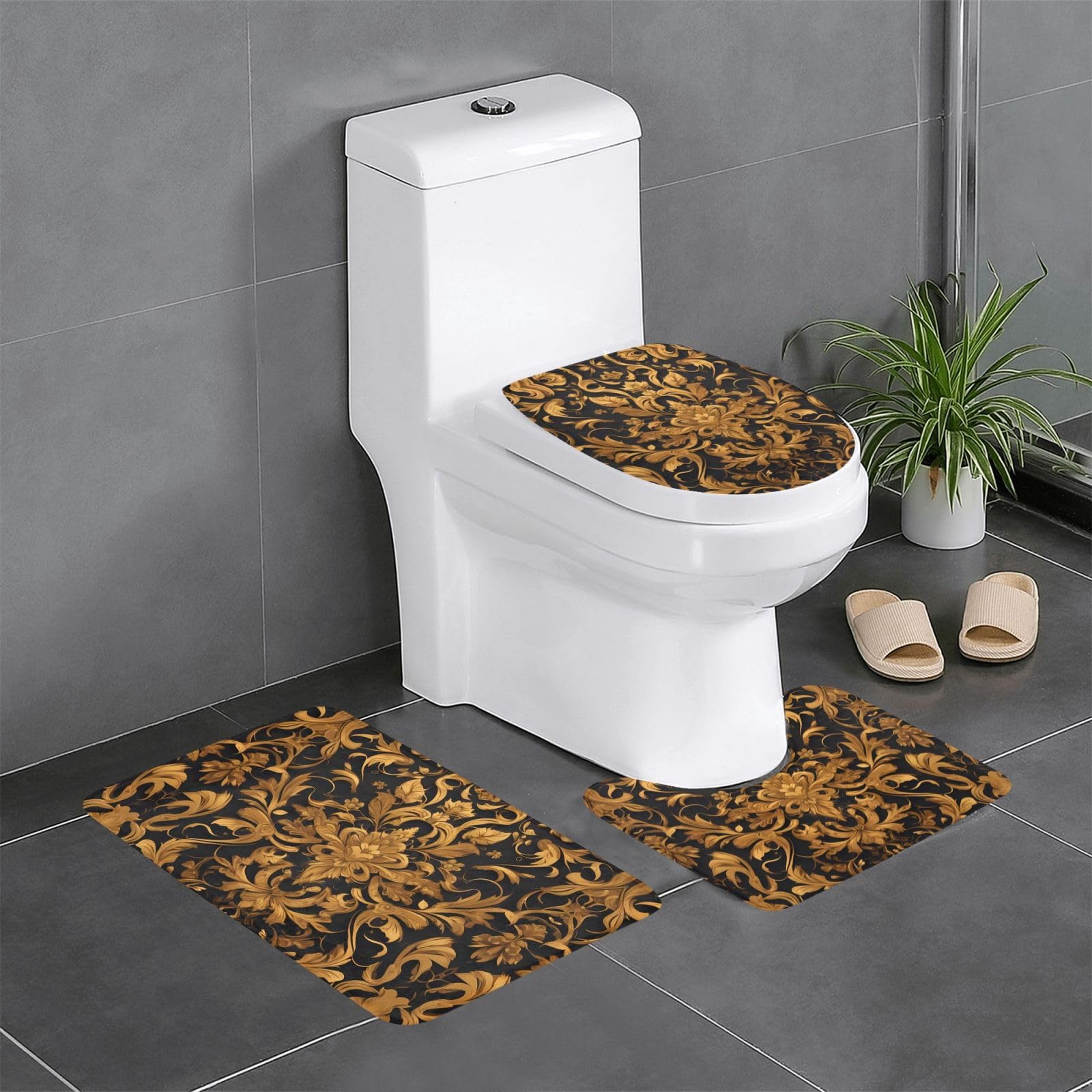 Tapis de salle de bain antidérapants dorés (lot de 3) avec contour WC, rectangulaire et ovale