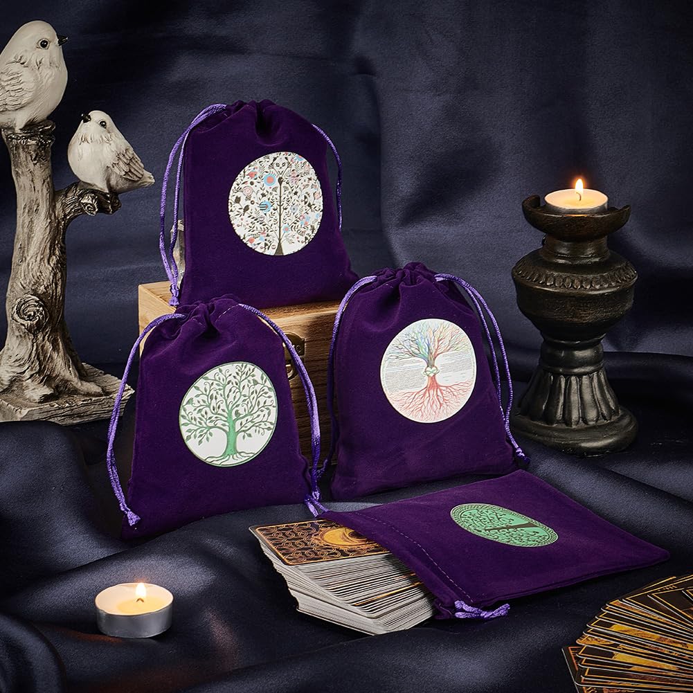 CREATCABIN 4Pcs Tarot Cards Bags Pouches Drawstrings Bags Tarot Cards Holder Pouches Tarot Deck Storage Velvet Bags Purple Tree of Life Tarot Jewelry Wrap Bags for Crystals Dices Witchcraft 5x6Inch - Image 3