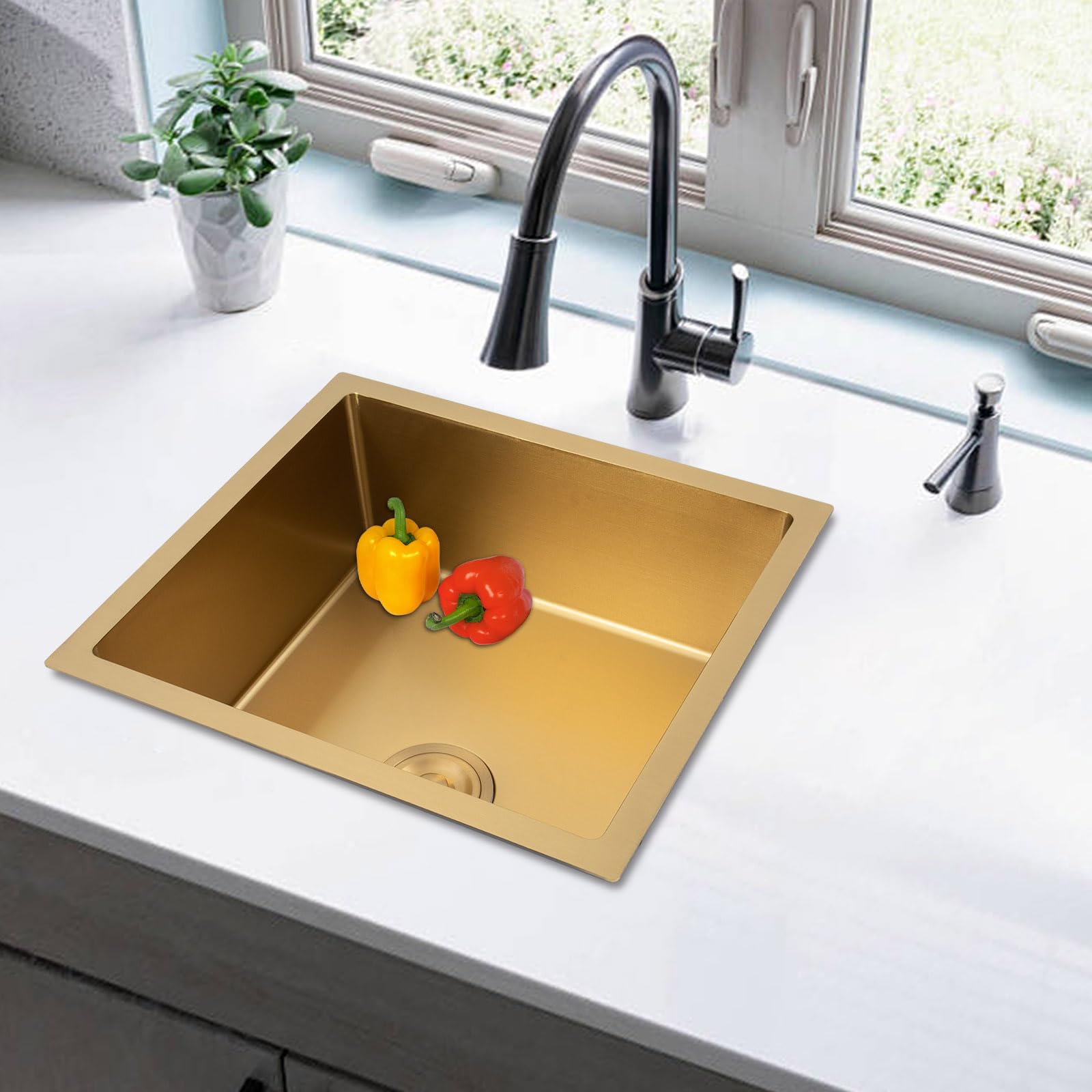 Lavello in acciaio inox, lavello da cucina, lavandino da incasso, con 2 tubi di scarico, 1 vasca, 50 x 45 cm
