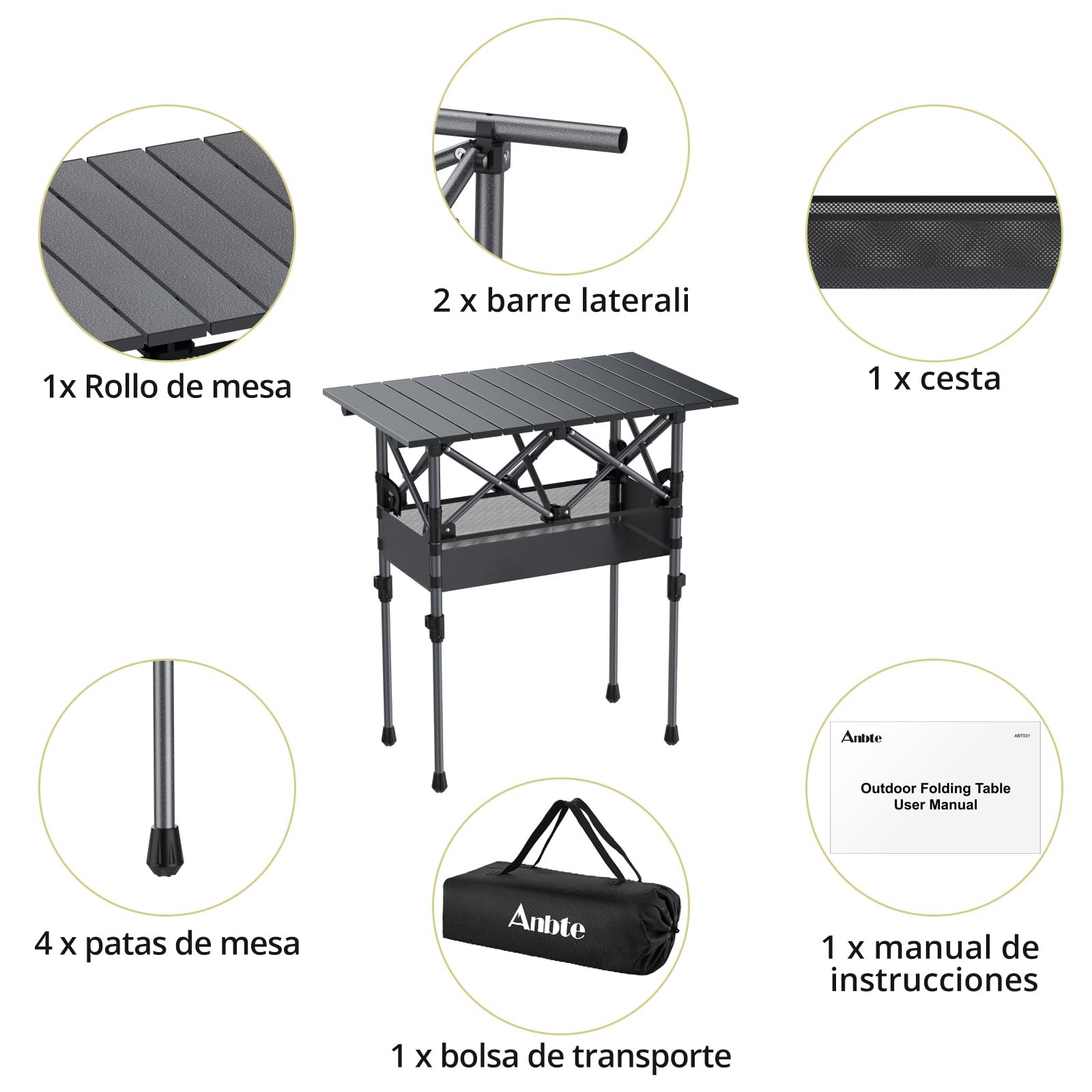 Anbte Mesa Plegable Camping 64 x 40 x 44/70cm, Mesa de Acampada Portátil | Aluminio Impermeablepara Picnic Playa Oficina Balcón Interior-Negro