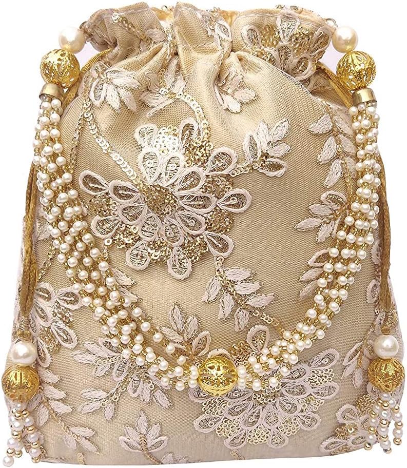DUCHESS Women's Polti Bag with Pearl Handle and Tassel - Bridal Ethnic Traditional Casual Purse/Clutch/Handbag, 20 L X 2 W X 23 H Cm