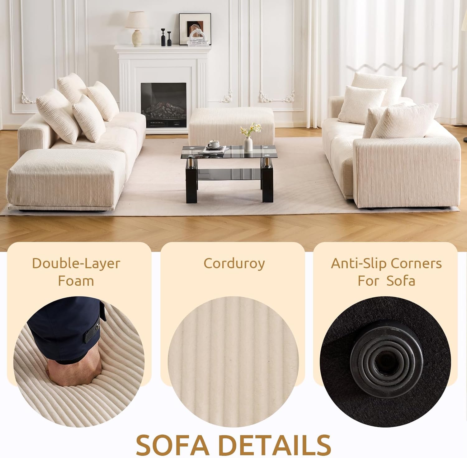 Cloud Couch Modular Sectional Sofa,132.68" L Shaped Couch with Ottoman,3 Seater Corduroy Couch, Convertible Sectional Sofa for Living Room,Cushion Covers Removable& Washable,Beige