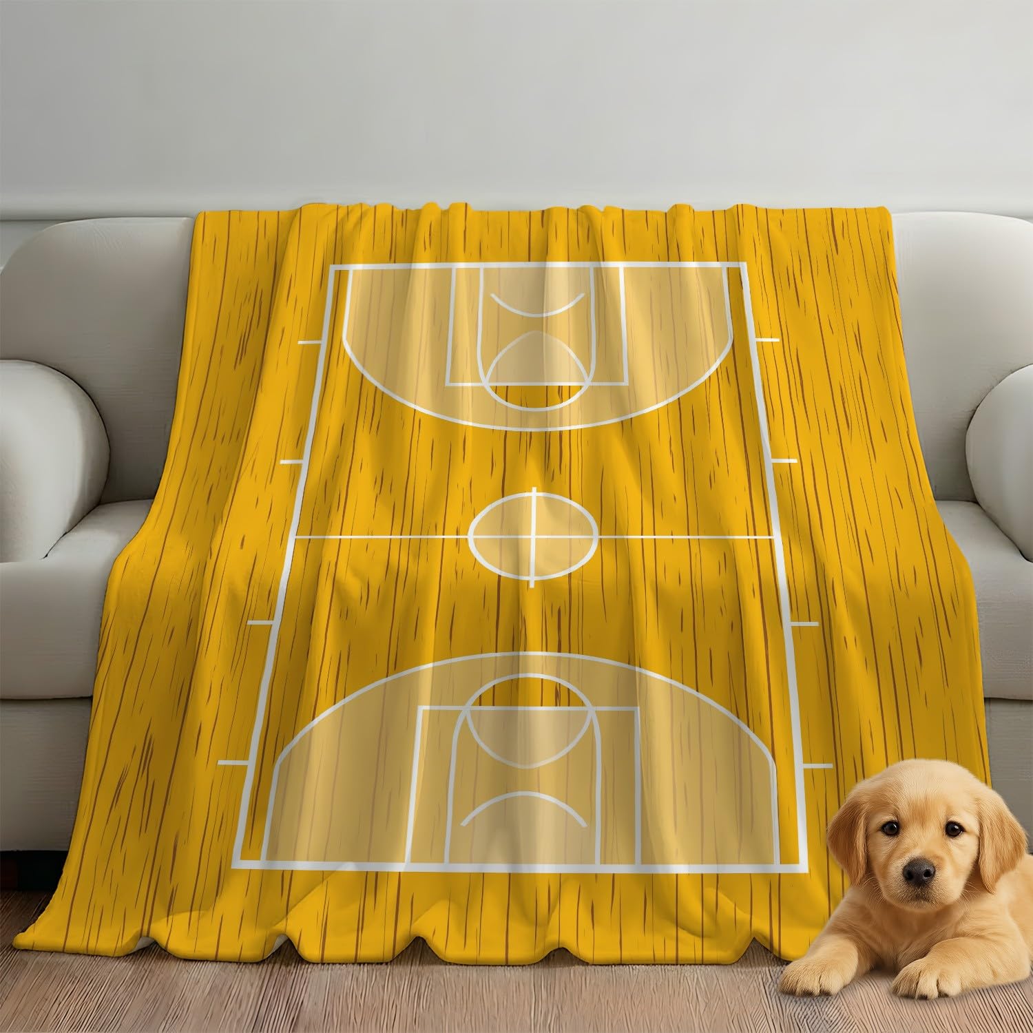 Generisch Koc polarowy, żółto-biały, minimalistyczne linie z kreskówki, boisko do koszykówki, 150 x 200 cm, koc na kanapę, puszysty koc z mikrofibry, narzuta na sofę, narzuta na łóżko