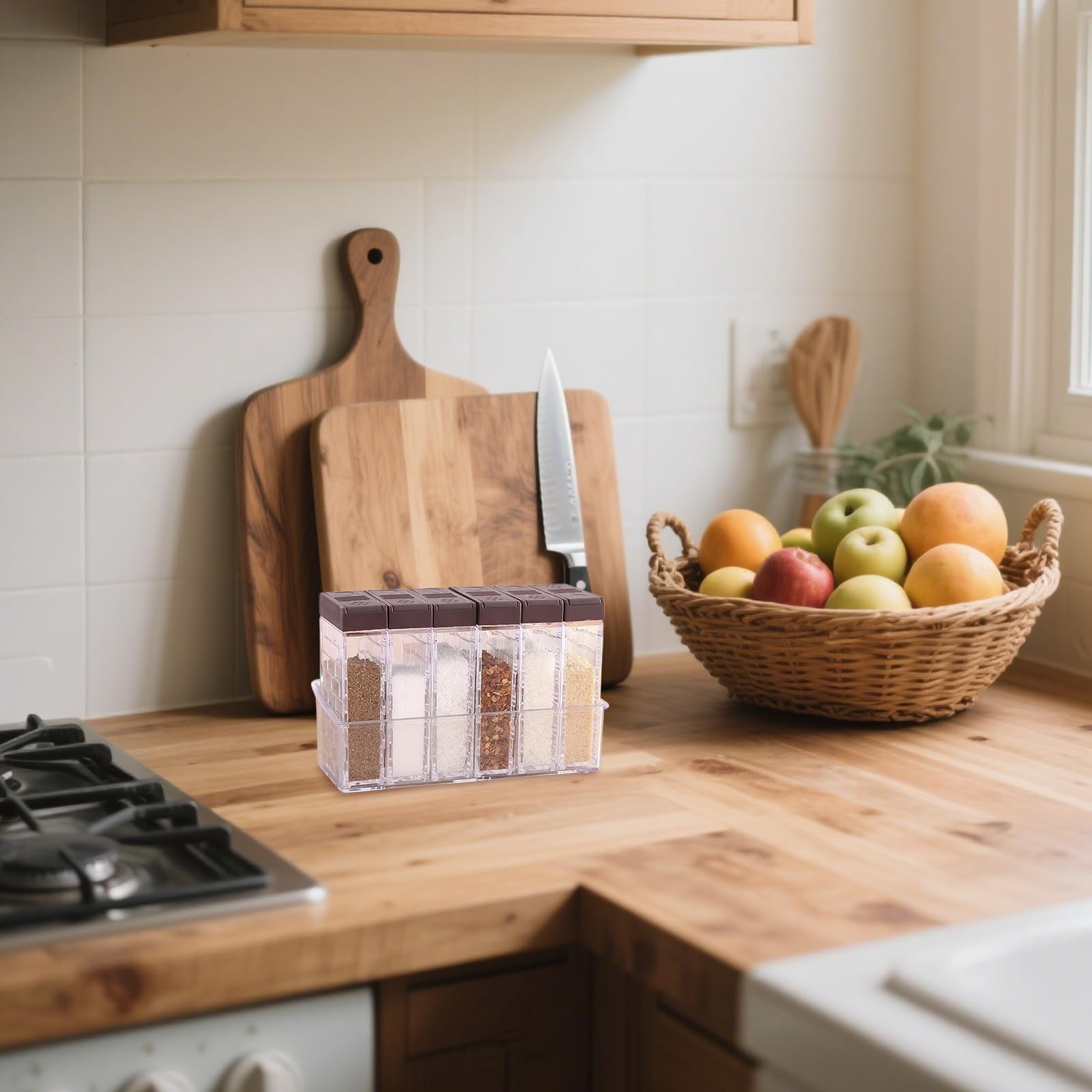 Przezroczysty pojemnik na przyprawy, 6 sztuk słoików na przyprawy z pokrywką, stojak na przyprawy kempingowe, z tacą i podwójną otwartą pokrywą, do przechowywania przypraw, do podróży, domu