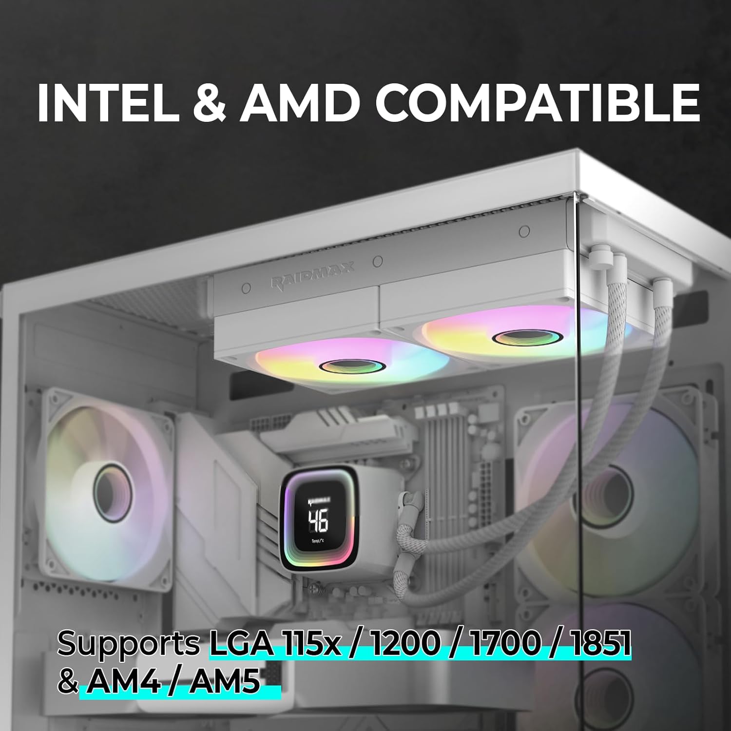 RAIDMAX LD Series ARGB AIO Liquid CPU Cooler with Real-Time Digital Temperature Display, 240mm / 360mm Radiator Options, PWM Fans, Live Display Cooling for Intel & AMD Platforms (1, White, LD240)