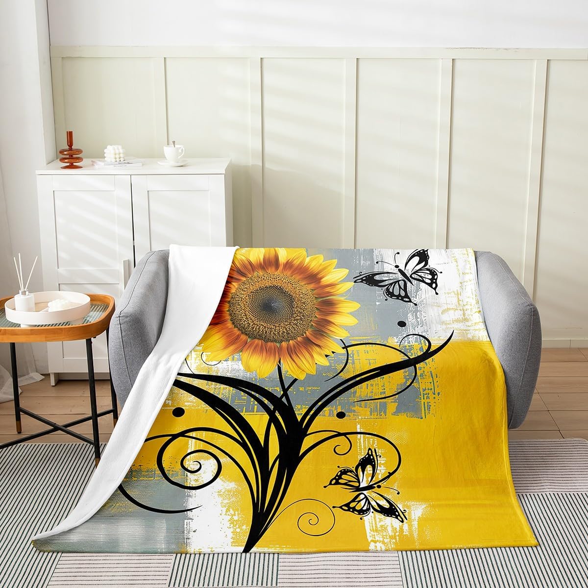 Erosebridal Sunflower Throw Blanket,Ombre Gradient Blanket Queen 90x90,Oil Painting Style Fuzzy Blanket for Bedroom,Black Butterfly Flannel Blanket,Vintage Country Floral Fleece Blanket for Girls
