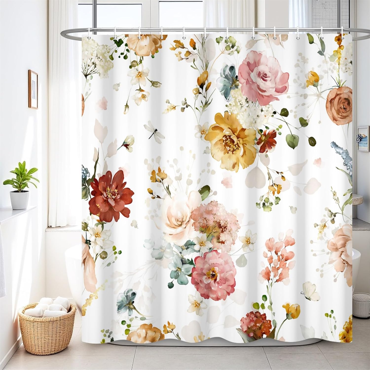 Renaiss 72 x 72 Inch Watercolor Flower Shower Curtains Colorful Peony Green Leaf Botanical Spring Floral Bathroom Decor Shower Curtain Waterproof Fabric Machine Washable with 12 Plastic Hooks