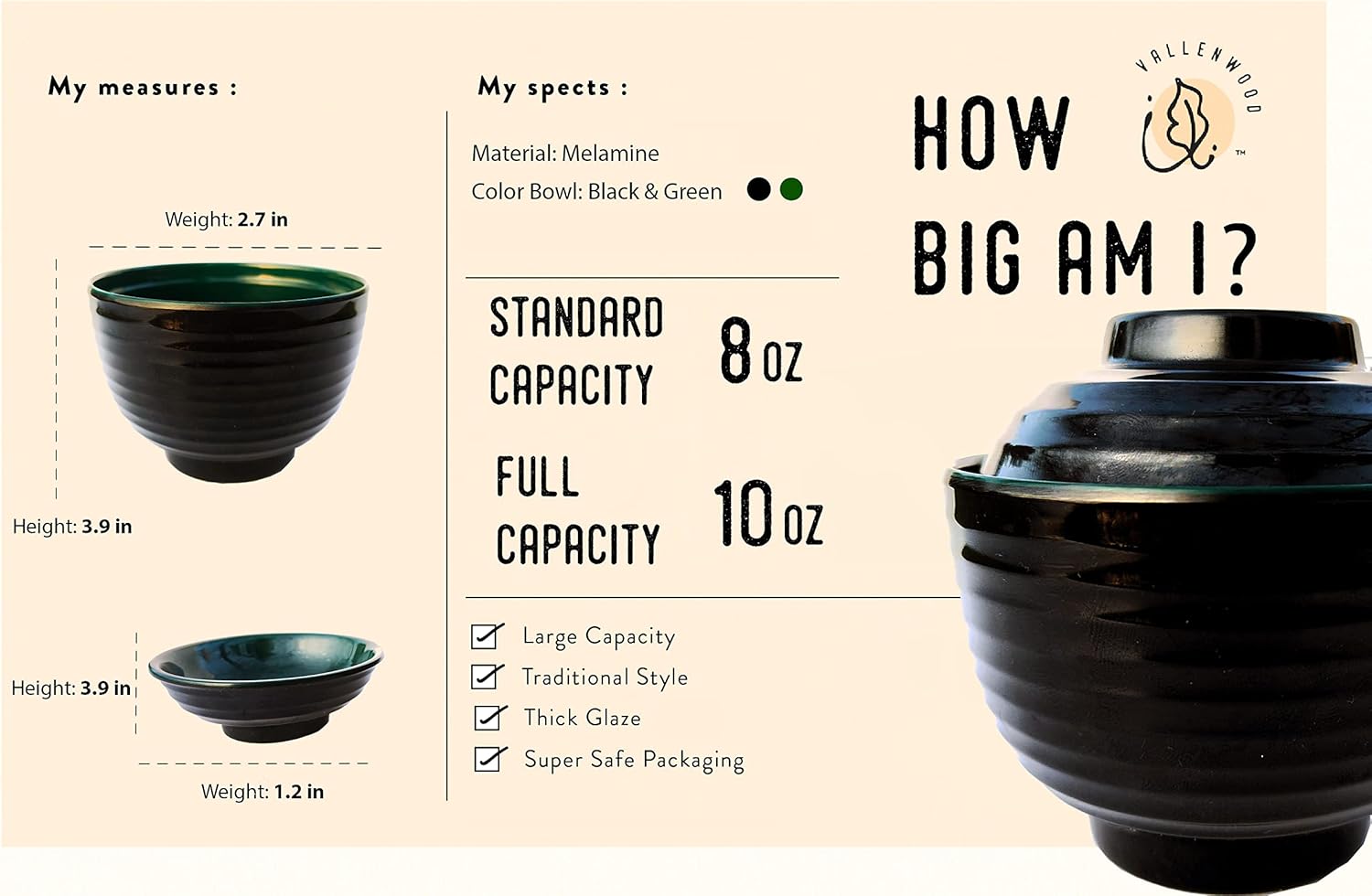  | 8 Pieces Japanese Style. 4 Melamine Miso & Rice Bowls Set. Plus Tops like Soy Sauce bowl Plates Included. 8 oz. Japan, Korean & Chinese Food Portion Control Ramen Soup Capable. By Vallenwood: Rice Bowls