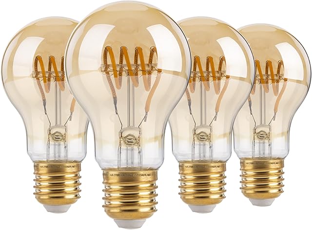FLSNT LED Light Bulb E27 4W(25W Equivalent),A60 Vintage Decorative Spiral Filament Dimmable Edison Screw Bulb,2700K Soft White,Amber Glass,Pack of 4