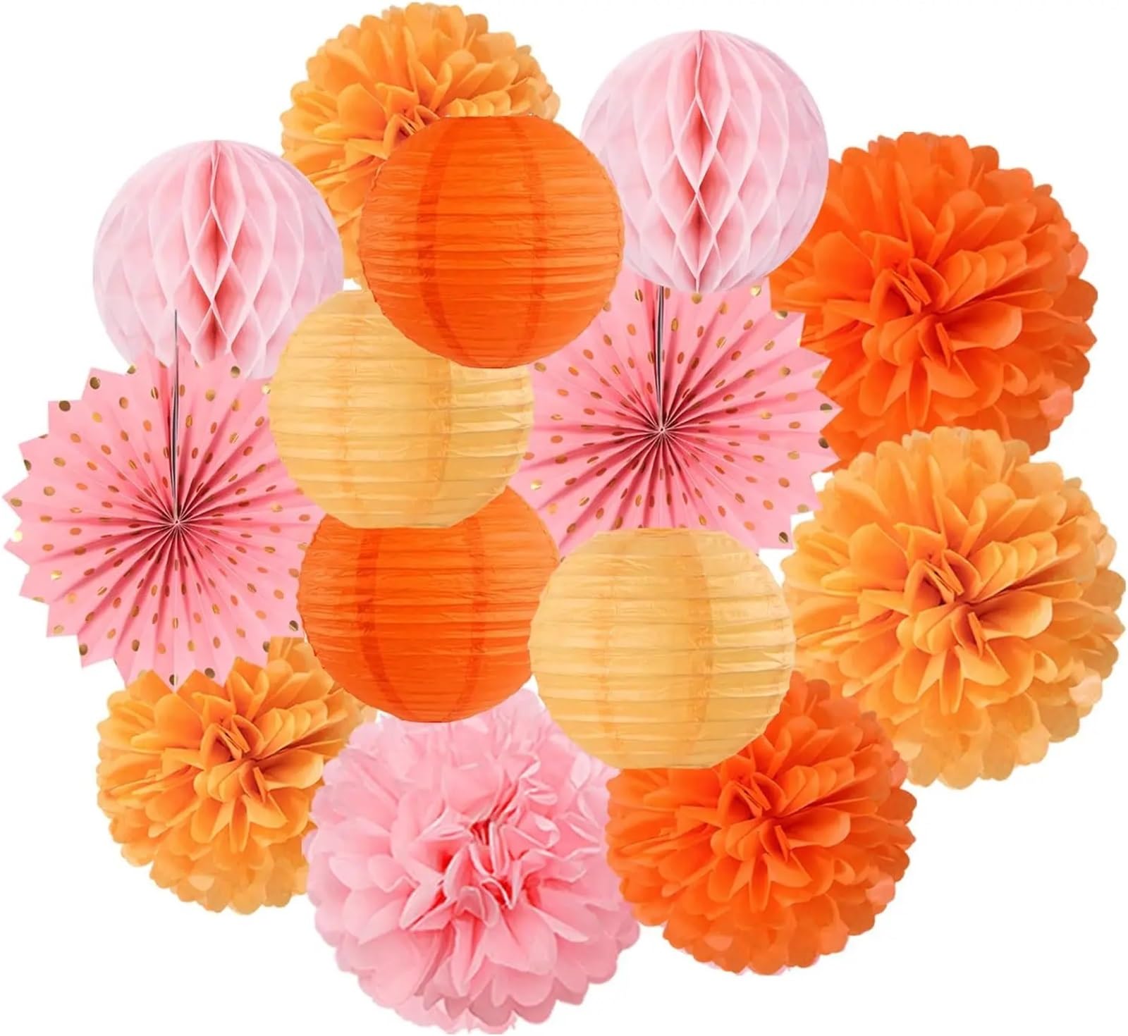 14Pcs Lantern Tissue Pom Poms Honeycomb for Wedding Bridal Shower Birthday Party Decoration for Wedding Party(Orange Pink)