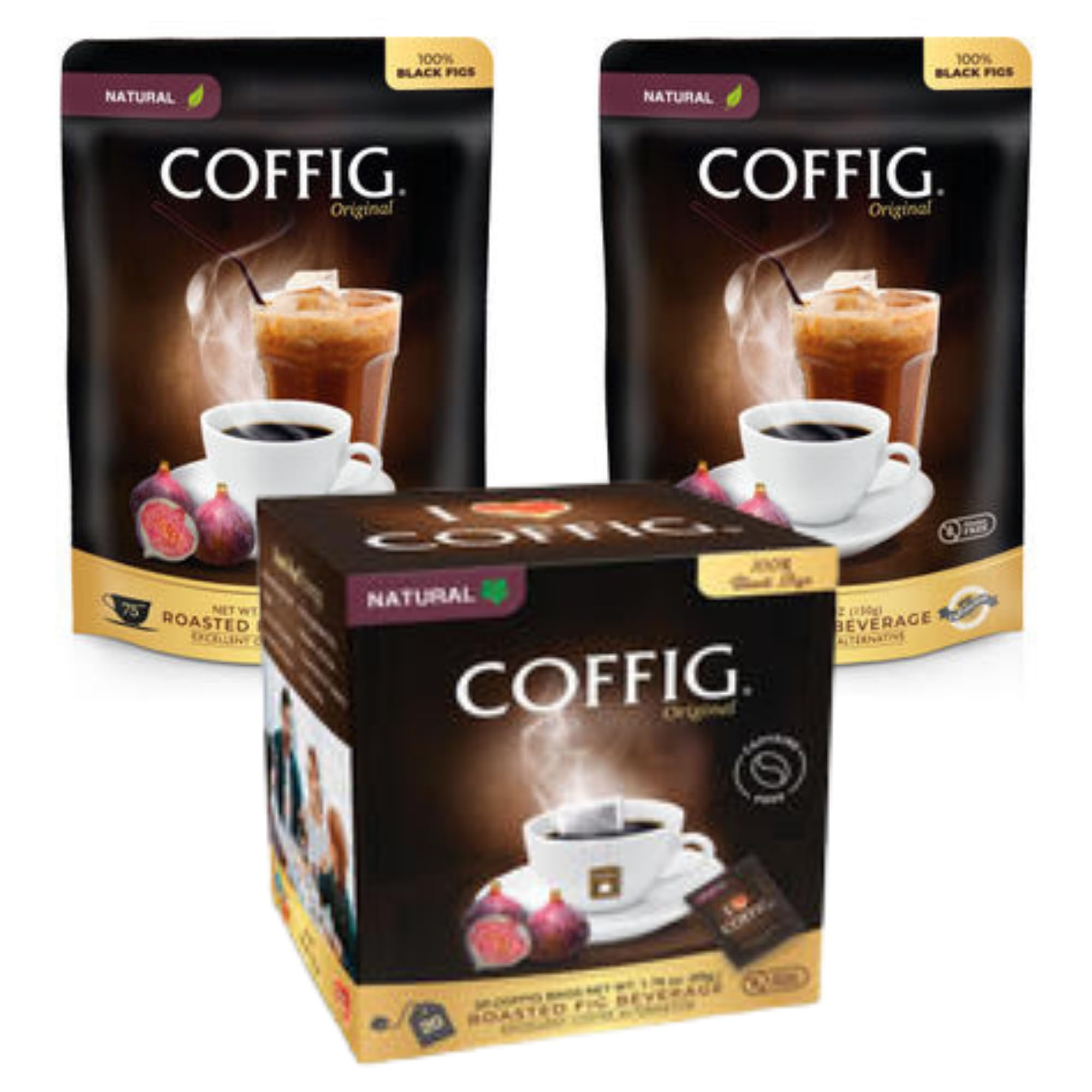 Coffig Original (2 bags) - 75 Cups Coffee Substitute & Alternative - Roasted Fig Coffee - Caffeine Free Herbal Energy Drink & Healthy Beverage for Men & Women - Keto & Vegan Friendly - 5.29oz (150g) + Roasted Organic Black Fig Powder - Caffeine Free Herbal Energy Drink Box of 20 Tea Bags/Sachets