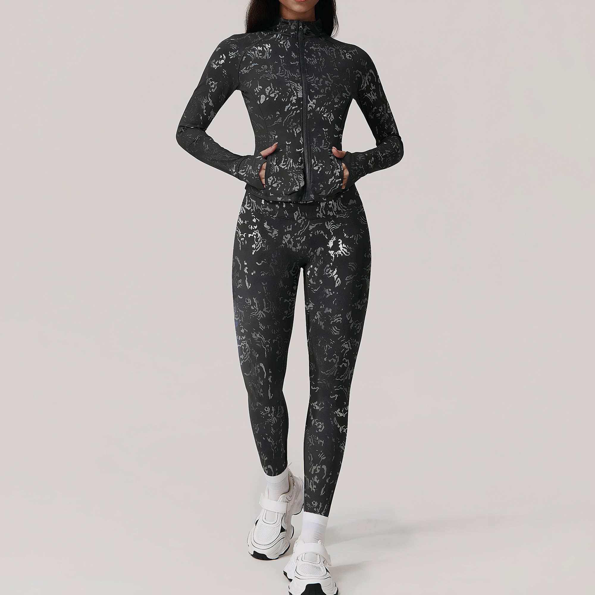 Maizoon Gym Sets for Women 2 Piece Stylish Yoga Set Jacket & Sports Long Pants High Waisted with Four-Way Stretch Fabric Soft Athletic Set for Workout Running Training