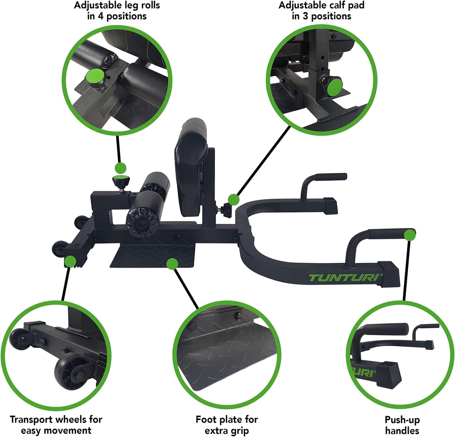 Tunturi Squat Station WT20: Sissy Squats, Sit Ups, Pushups, Calf Cushion, Leg Roller, Dip Handles, Foldable, Green, Black, Steel/Metal, Foam, Rubber