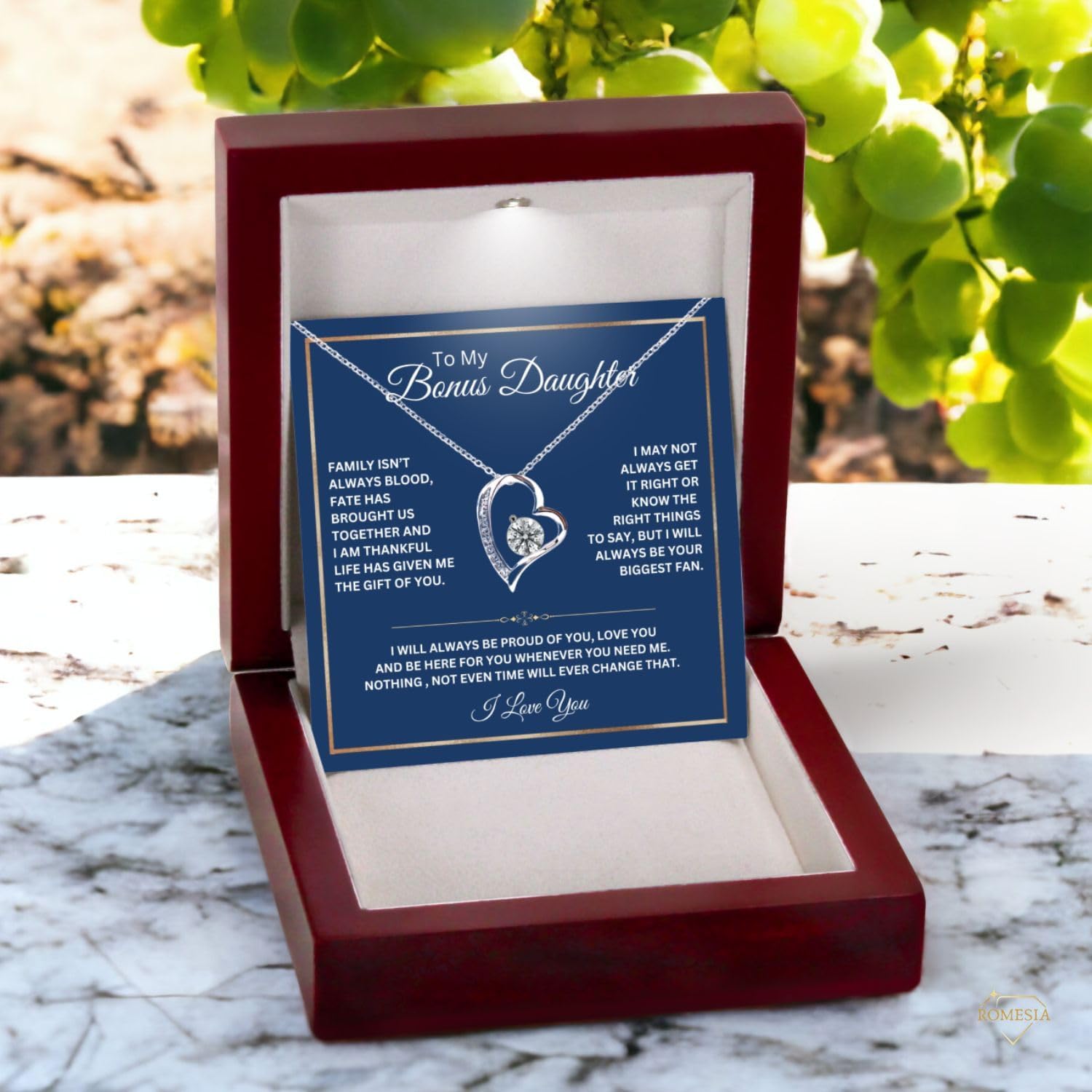 To My Bonus Daughter Necklace Gifts from Stepdad Stepmom, Stepdaughter Necklace With Heartfelt Message & Elegant Box - Jewelry Gifts