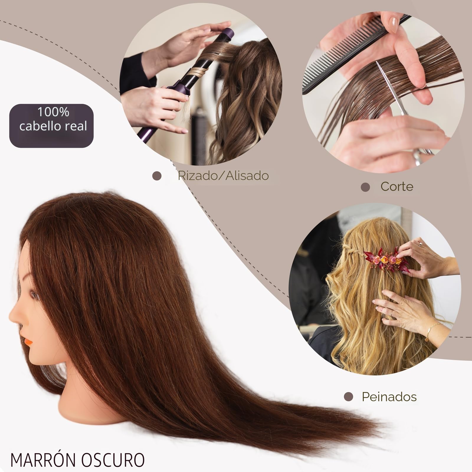 Cabeza Maniquí de Peluquería con Pelo Natural 100%, Marrón, 45cm | Cabeza Mujer Peluqueria Académica, Muñeca para Peinar Cabello Humano, Usado para teñir el cabello y el cabello rizado
