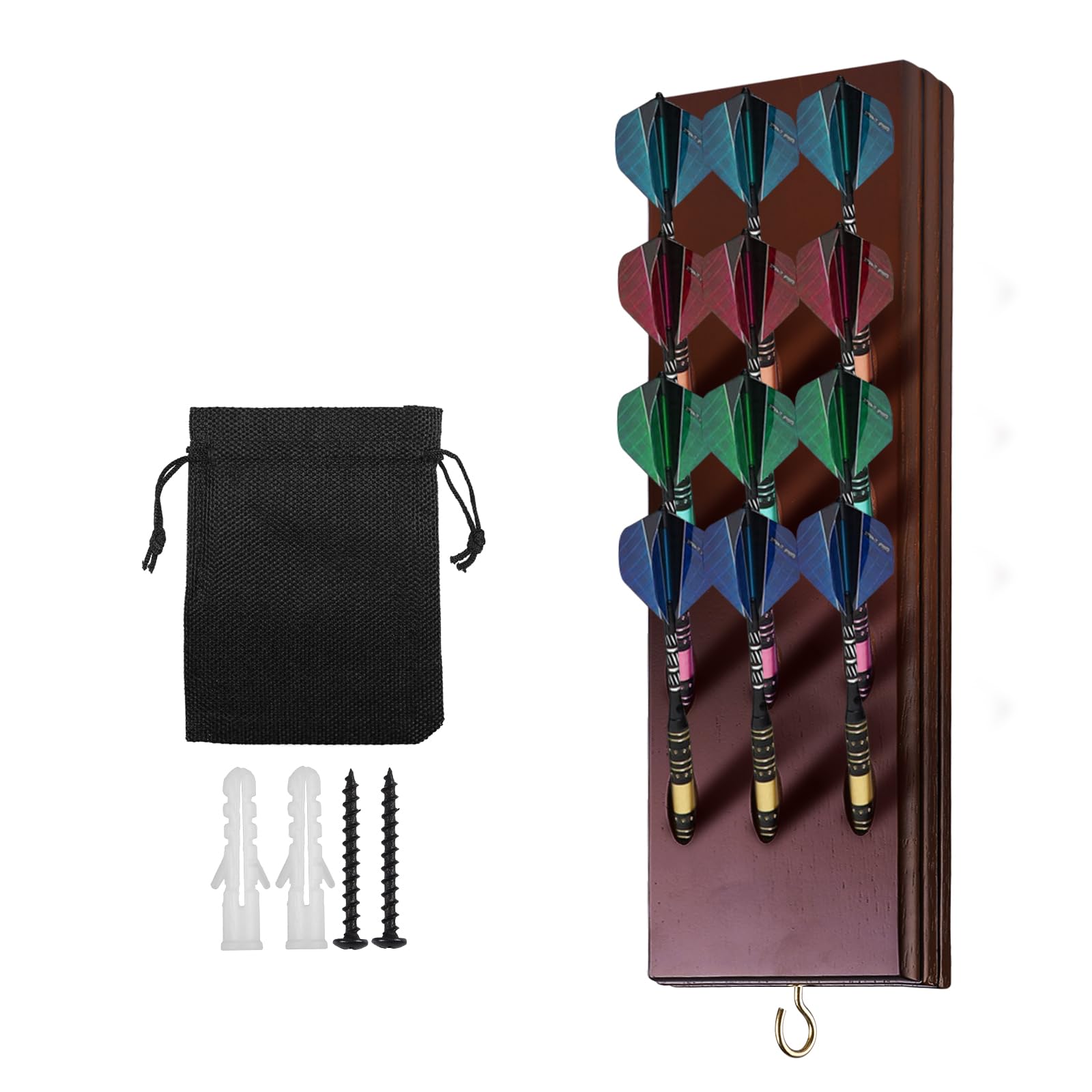Soporte para dardos de madera para colgar: soporte para diana con clavos de metal y bolsillo para dardos, soporte para 12 dardos, accesorios para dardos, práctico almacenamiento para dardos de