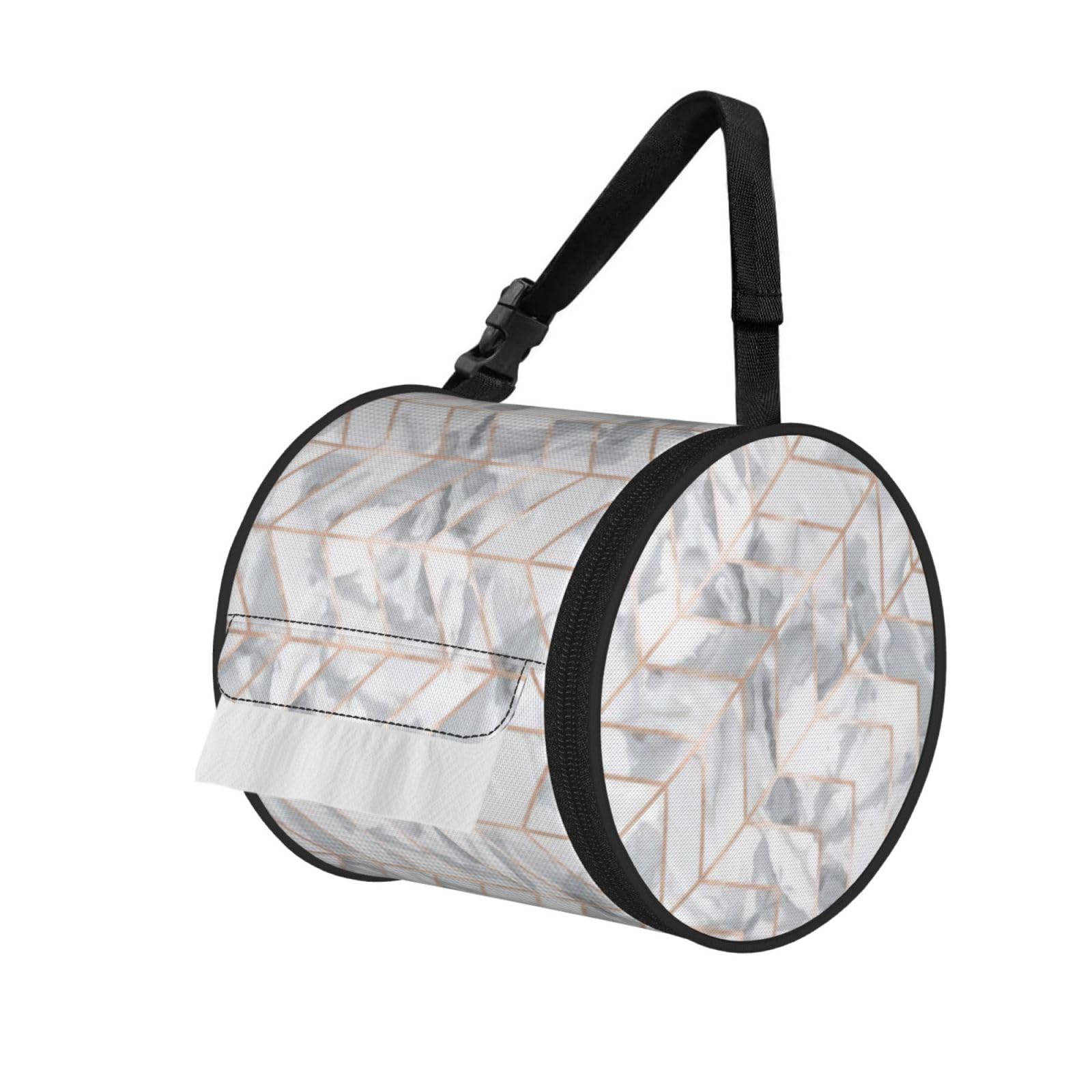 Jiuty Black Rose Gold Marble Design Background Print Cylinder Tissue Organizer Bag With Strap, Portable Toilet Roll Holder For Camping Car