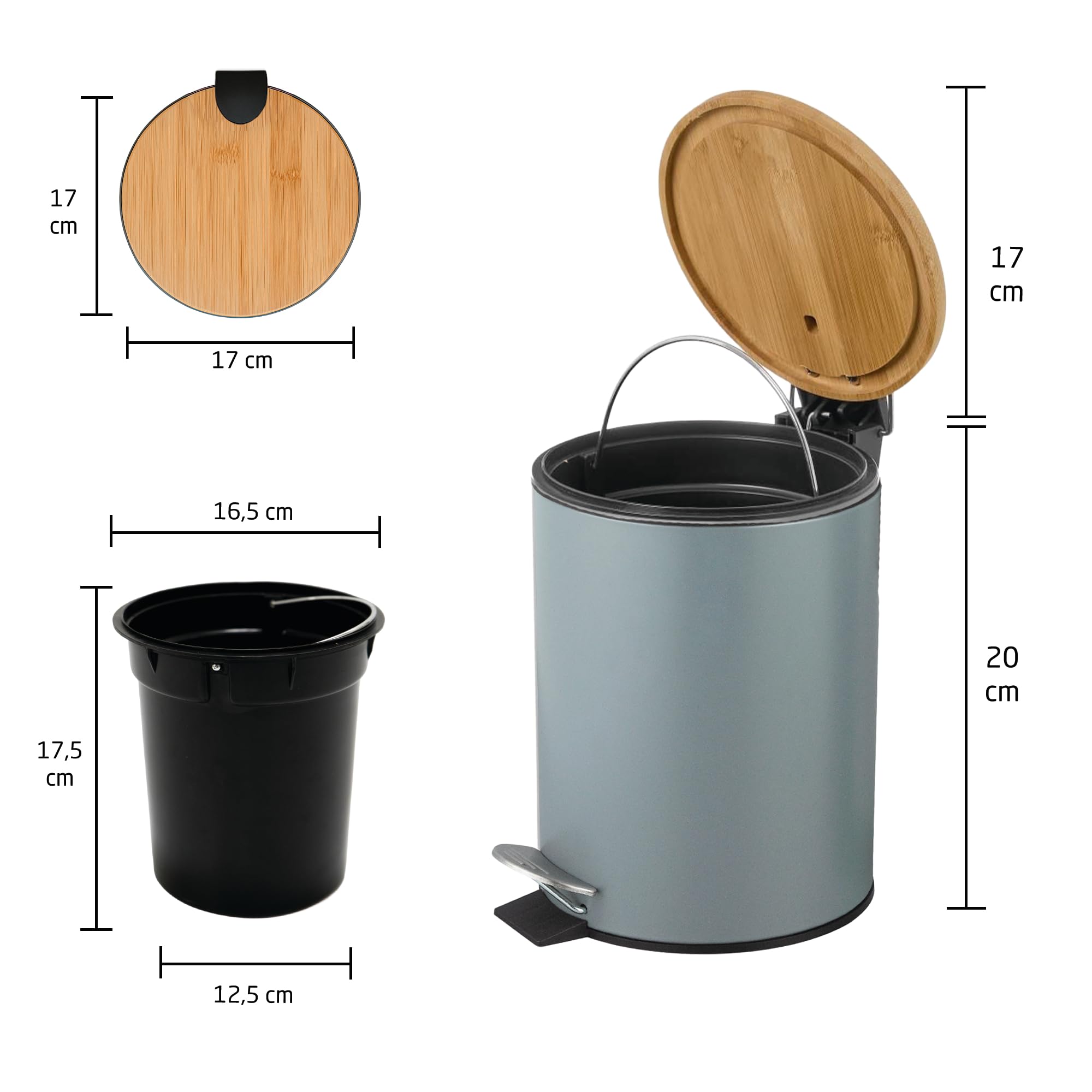 Amig Cubo Basura Baño Pedal 3 Litros Naturline Gris Bambú Acero Inoxidable Lacado 16,8x23 cm
