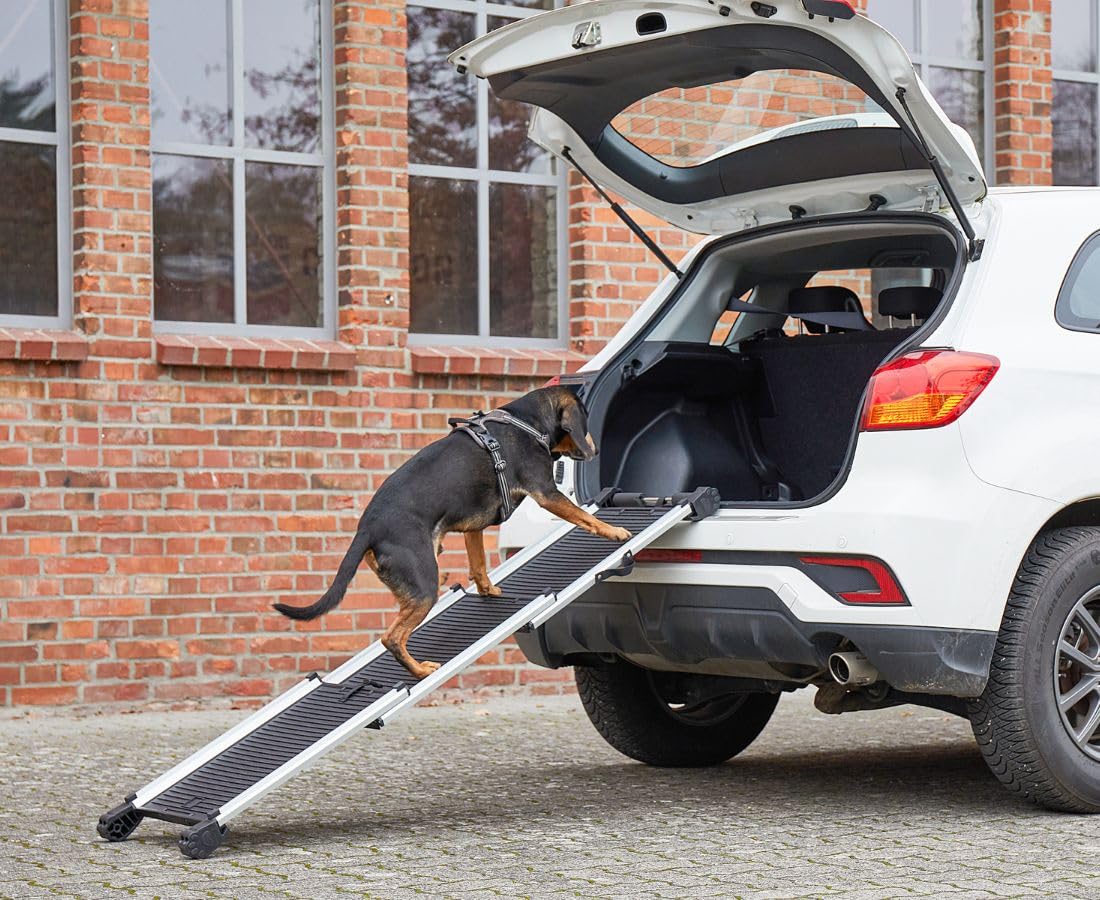 Knuffelwuff Hunderampe 70-158cm - Ausziehbare Teleskoprampe als Einstiegshilfe für Haustiere ins Auto - Hundetreppe für große und kleine Hunde - rutschfest - Kofferraumschutz