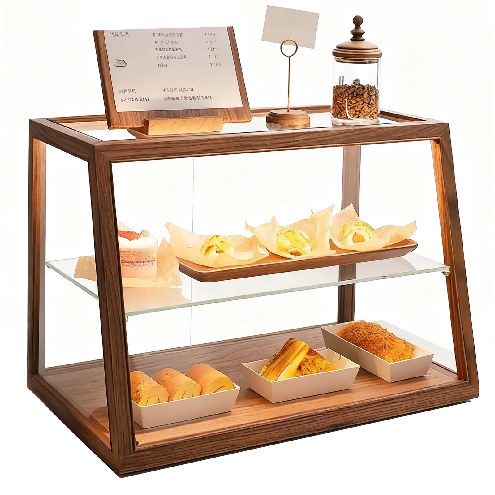 Vitrina de pastelería de 2 Niveles, de Cristal, 60 cm (23,6 Pulgadas), Trapezoidal, con iluminación LED y Mueble de Madera. Ideal para Pasteles, Donuts y Uso Comercial.