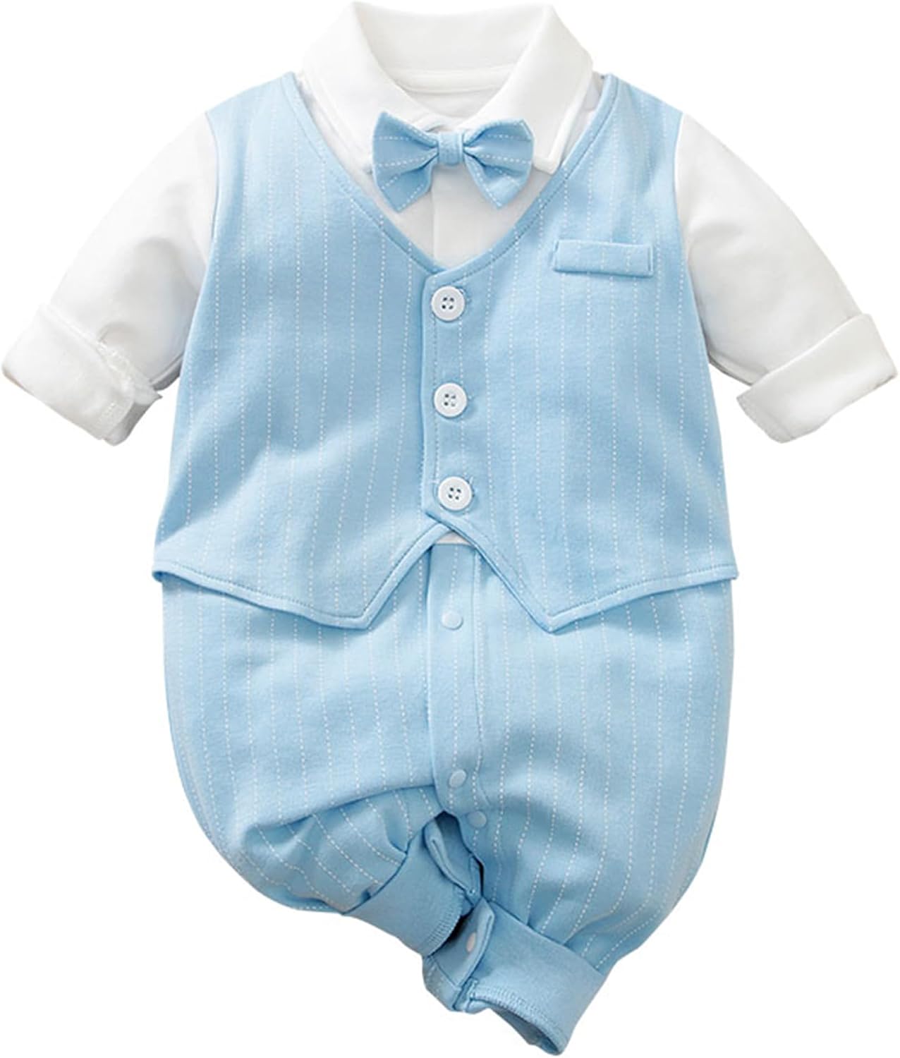 HUAANIUE Newborn Baby Boy Gentleman Romper Tuxedo Suit Outfit 0-24 Months | Faux-vest silhouette,bow tie,Decorative button front,Machine washable,Wedding church birthday photos