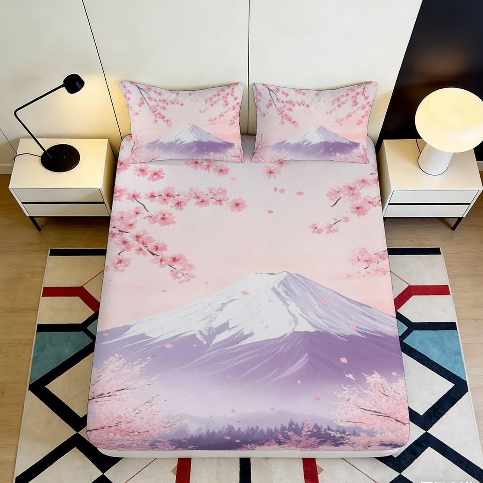 Pnayamiorkfel Style-7 3D Printed Sakura Blossom Fitted Sheet Microfiber Soft Pink Mount Fuji Mattress Cover Bedroom Decor 90X200x25cm