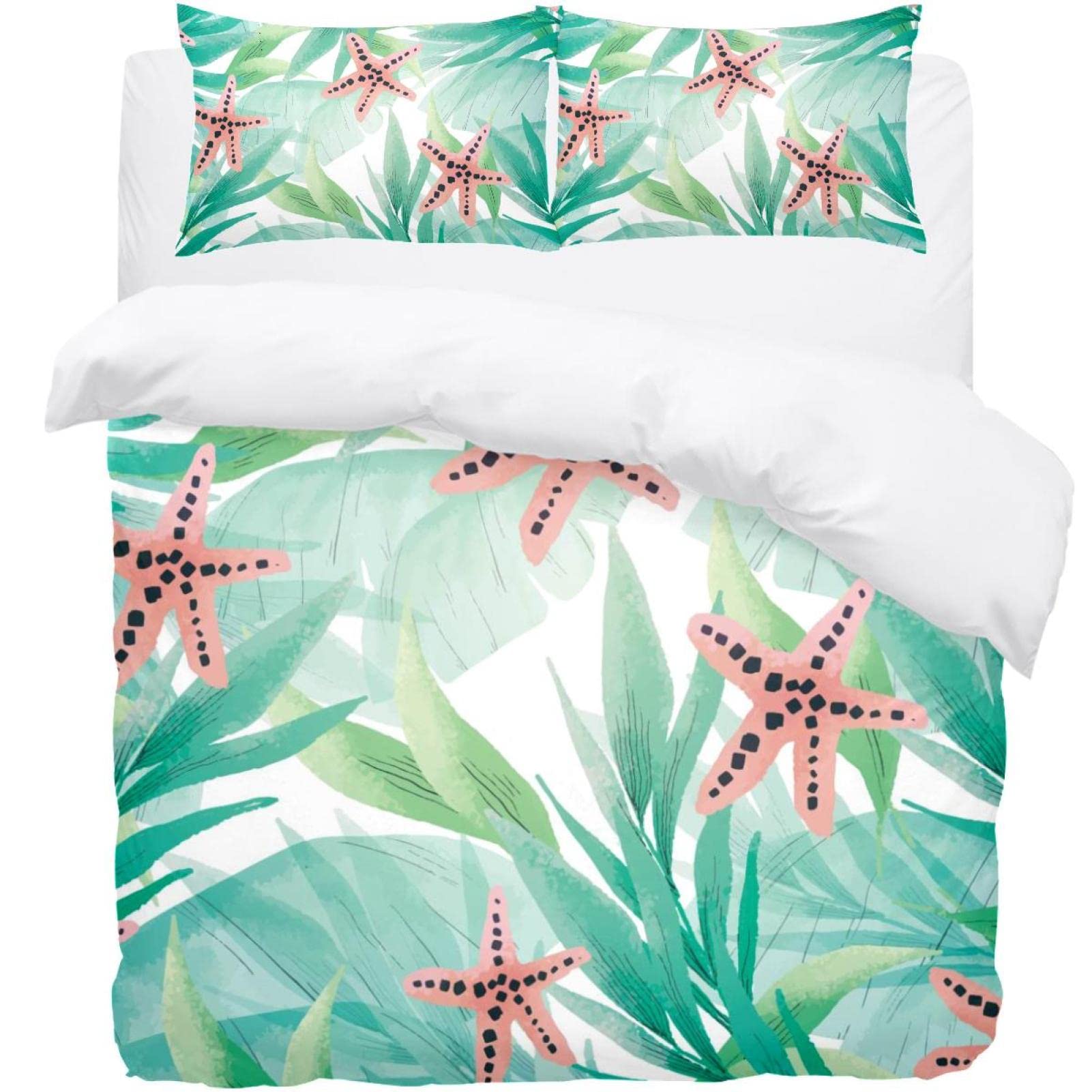 Housse de couette étoiles de mer et feuilles tropicales en tissu respirant pour grand lit