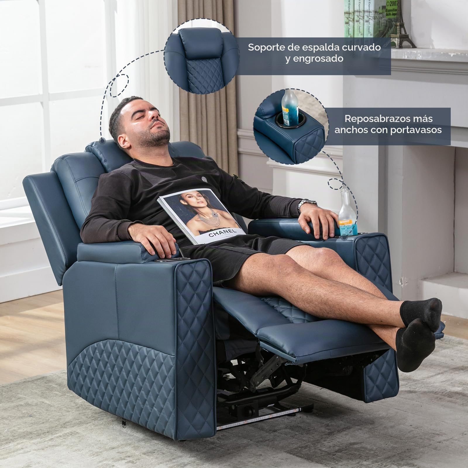 COMHOMA Sillon Relax Reclinable Sillón Relax Electrico Masaje Sillón Reclinable con LED, Función de Inclinación, Alón, Dormitorio, Cine en Casa, Azul