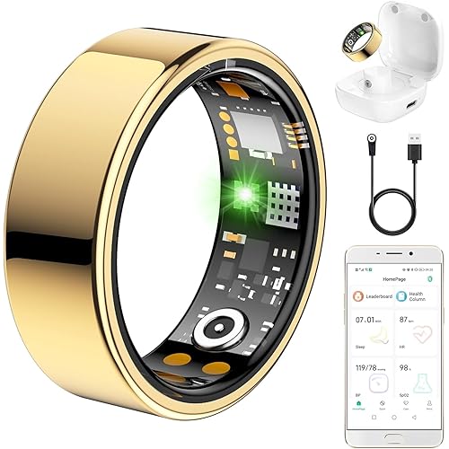 Ring Health Tracker for Women Men, Fitness Ring with Heart Rate, Blood Oxygen, Sleep Monitor, Calories, Step Counter, IP68 Waterproof Smart Ring for iPhone & Android, No Subscription Fee (Gold, 7#)
