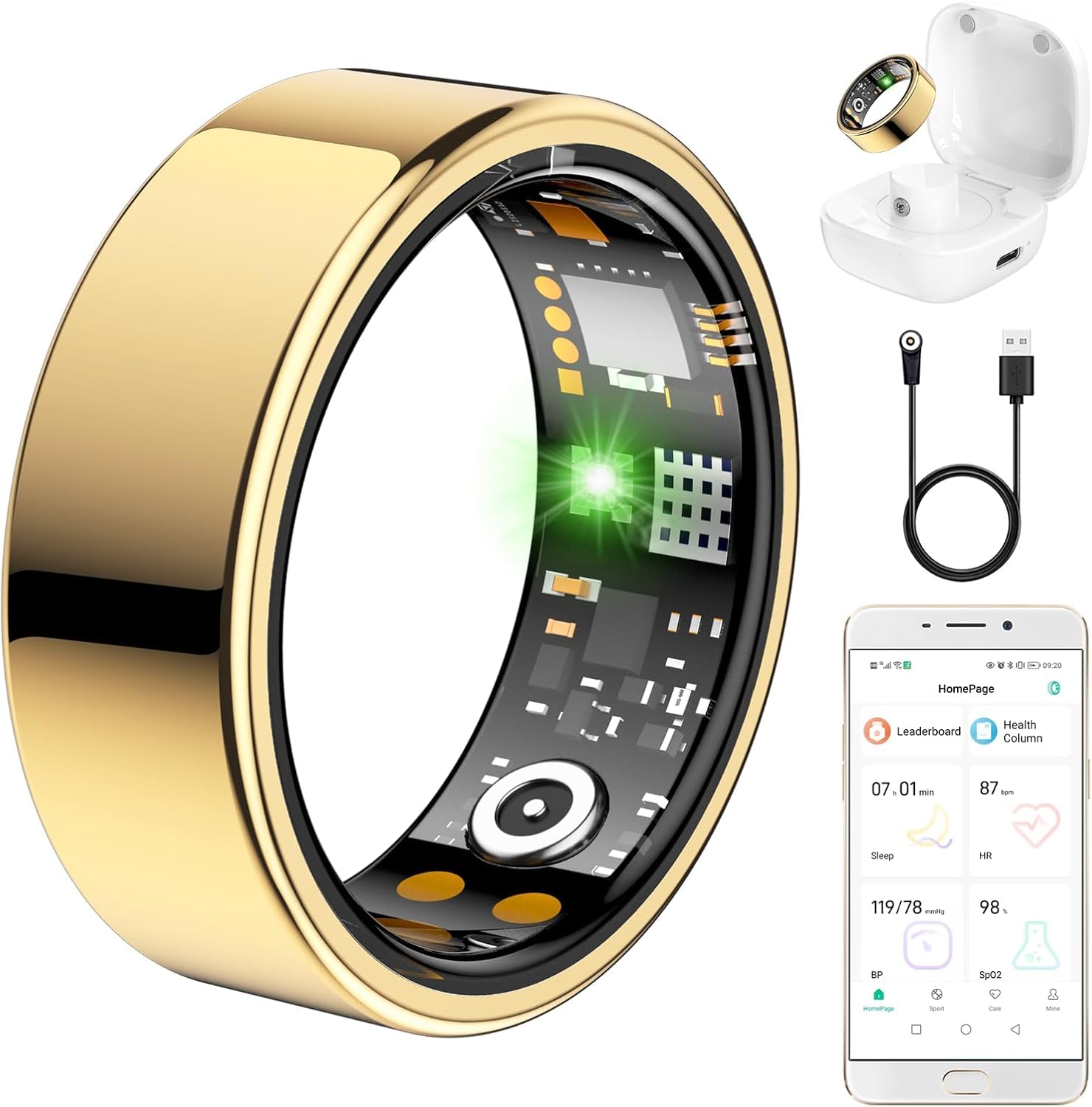 Ring Health Tracker for Women Men, Fitness Ring with Heart Rate,Blood Oxygen,Sleep Monitor,Calories, Step Counter, IP68 Waterproof Smart Ring for iPhone &amp; Android, No Subscription Fee (Gold, 12#