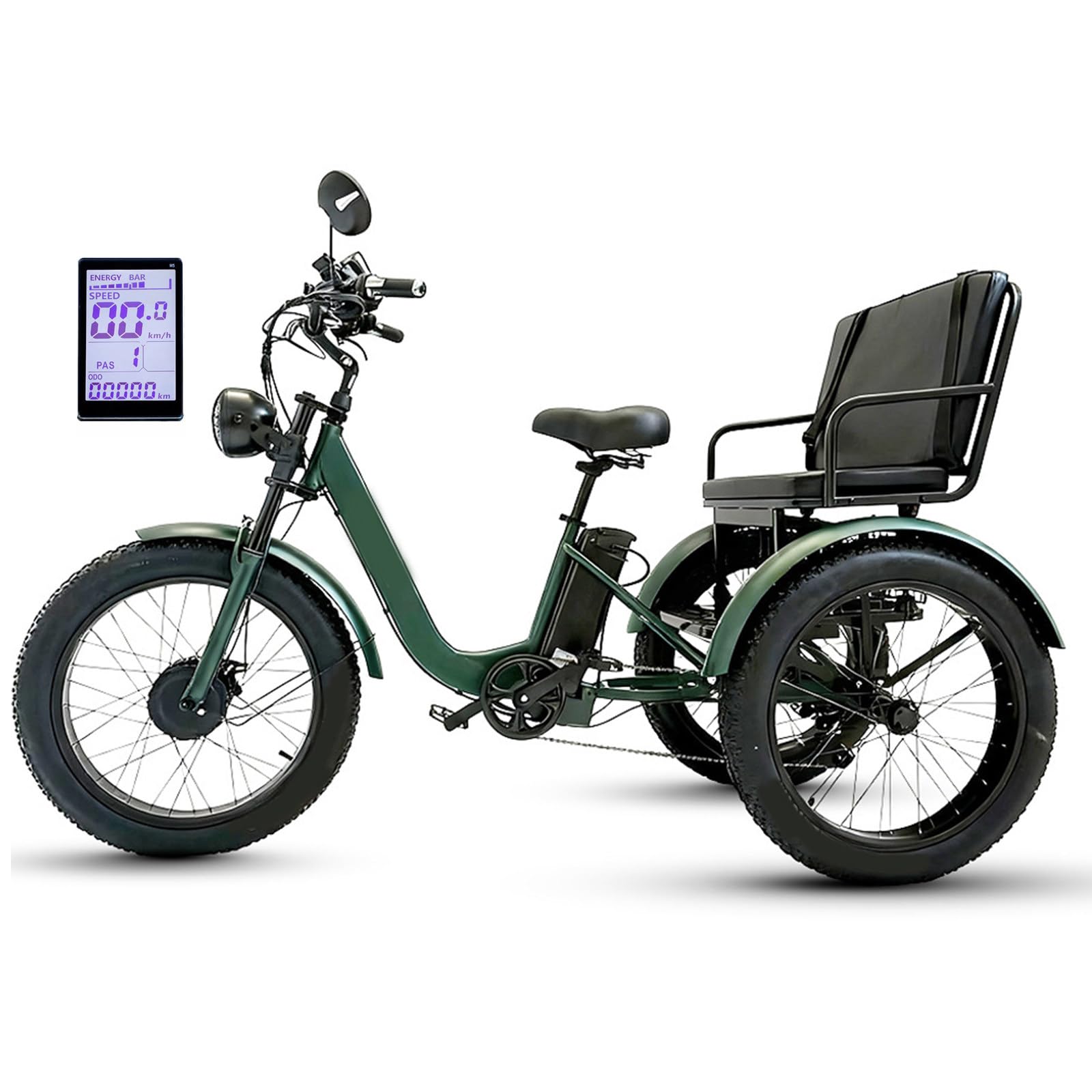 Tricycle électrique 7 Vitesses Pour Adultes,Vtt électrique à Gros Pneus 24" X 4.0 48 V 18 Ah,écran Lcd,Freins à Disque Doubles Et Phare LED,Pour Les Déplacements Quotidiens Et Le Shopping. Green